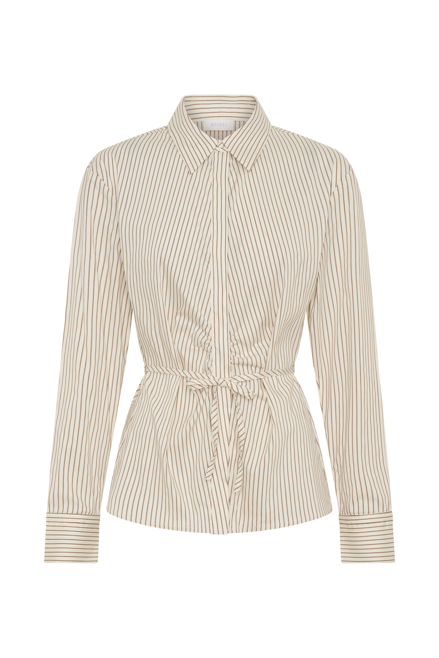 Millie Tie Back Cotton Shirt - Beige Pinstripe