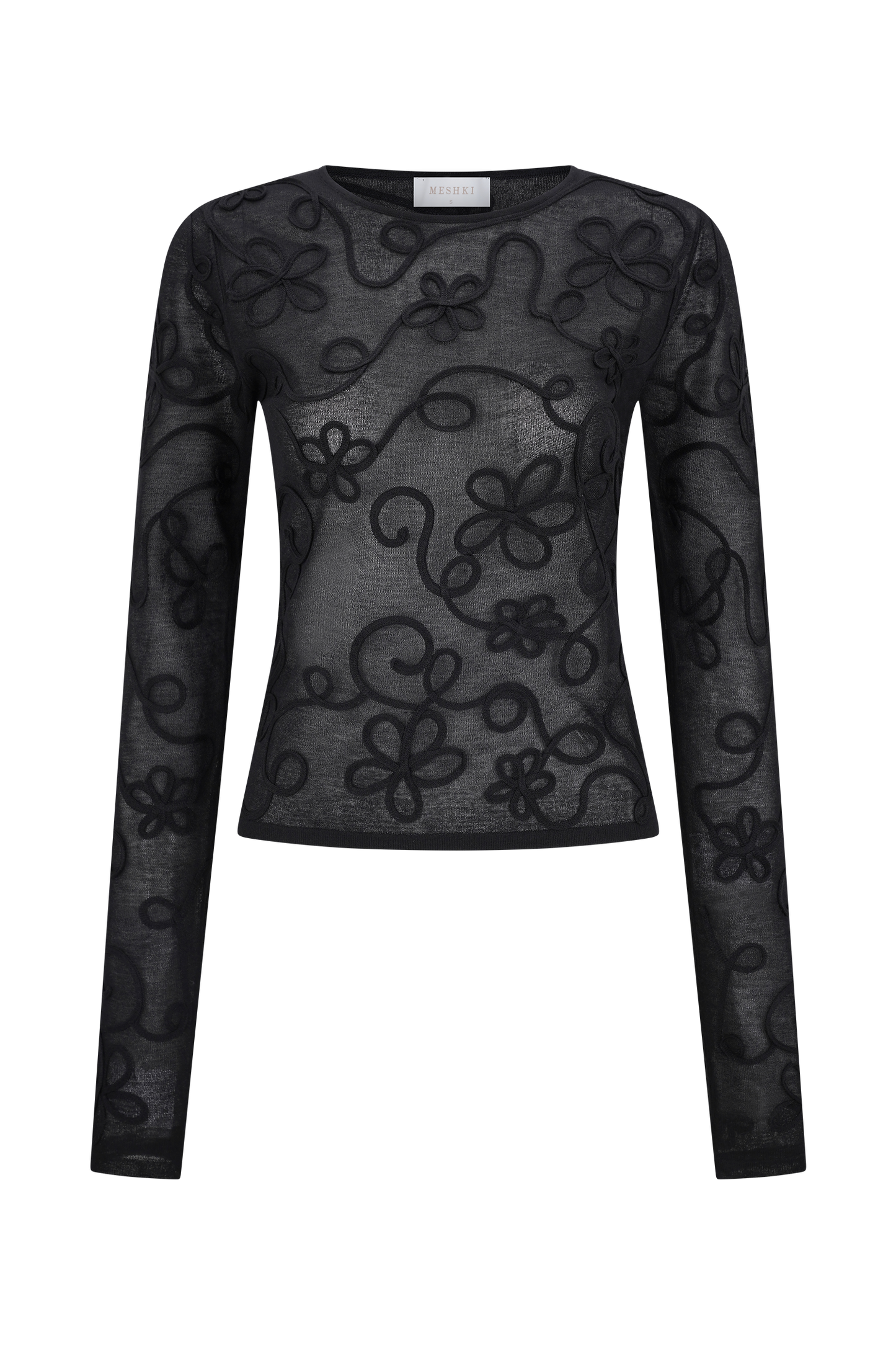 Omari Embroidery Long Sleeve Knit Top - Black