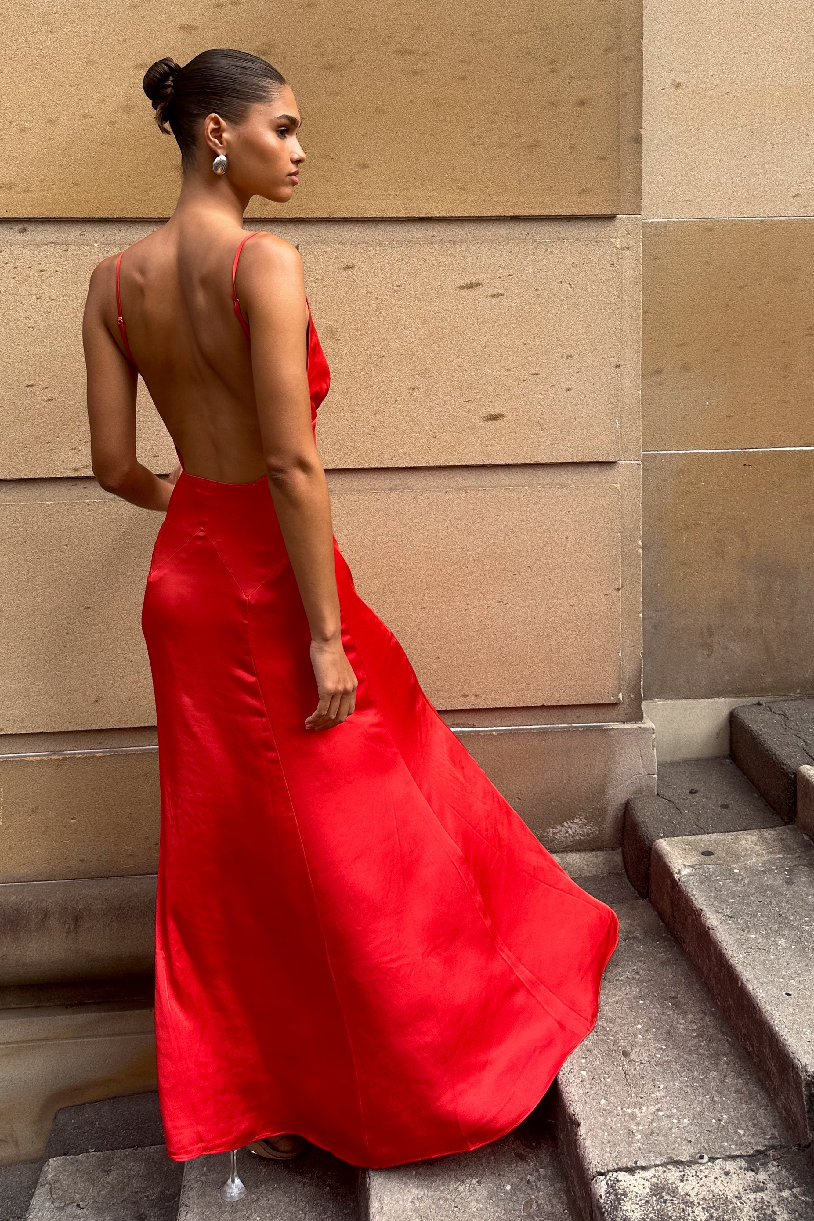 meshki red satin dress Ophelia Peplum Satin Maxi Dress / Red | MESHKI
