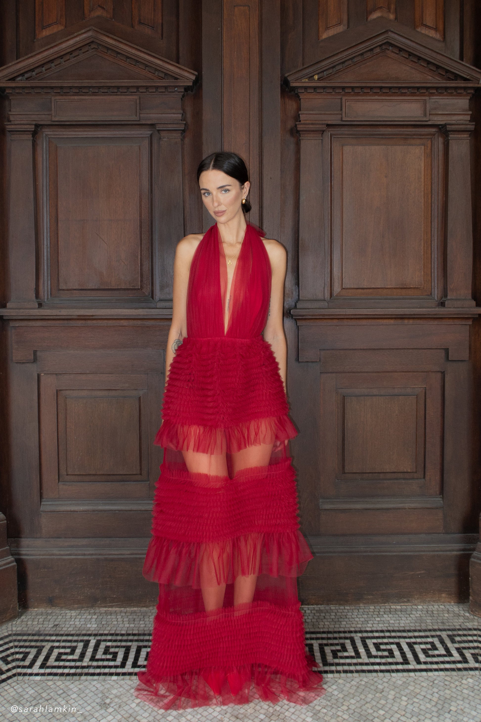 Minka Mesh Ruffle Halter Maxi Dress - Red #3