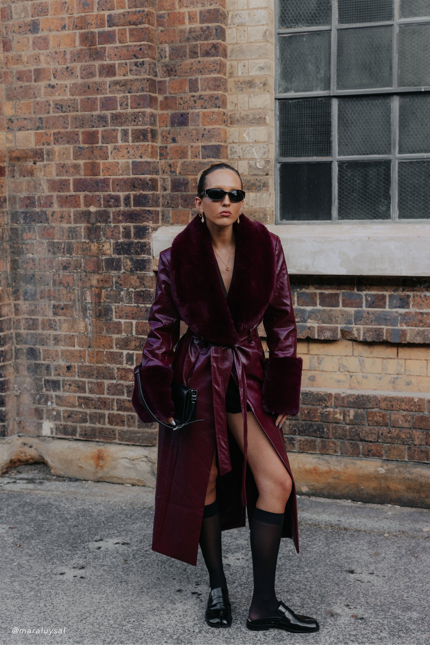 Bec Faux Leather Trench Coat With Faux Fur - Cherry Red