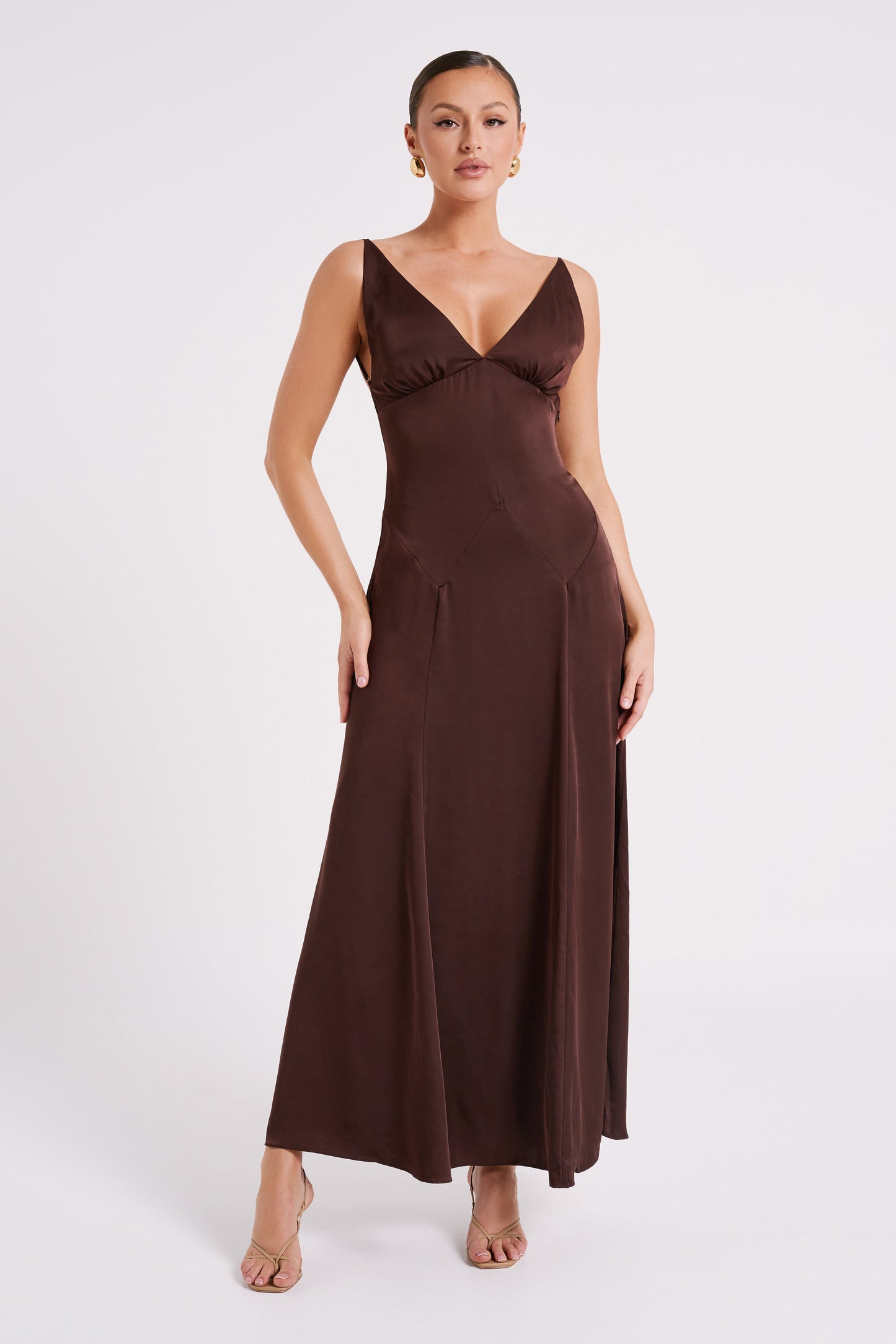 Kamala Low Back Satin Maxi Dress - Dark Chocolate