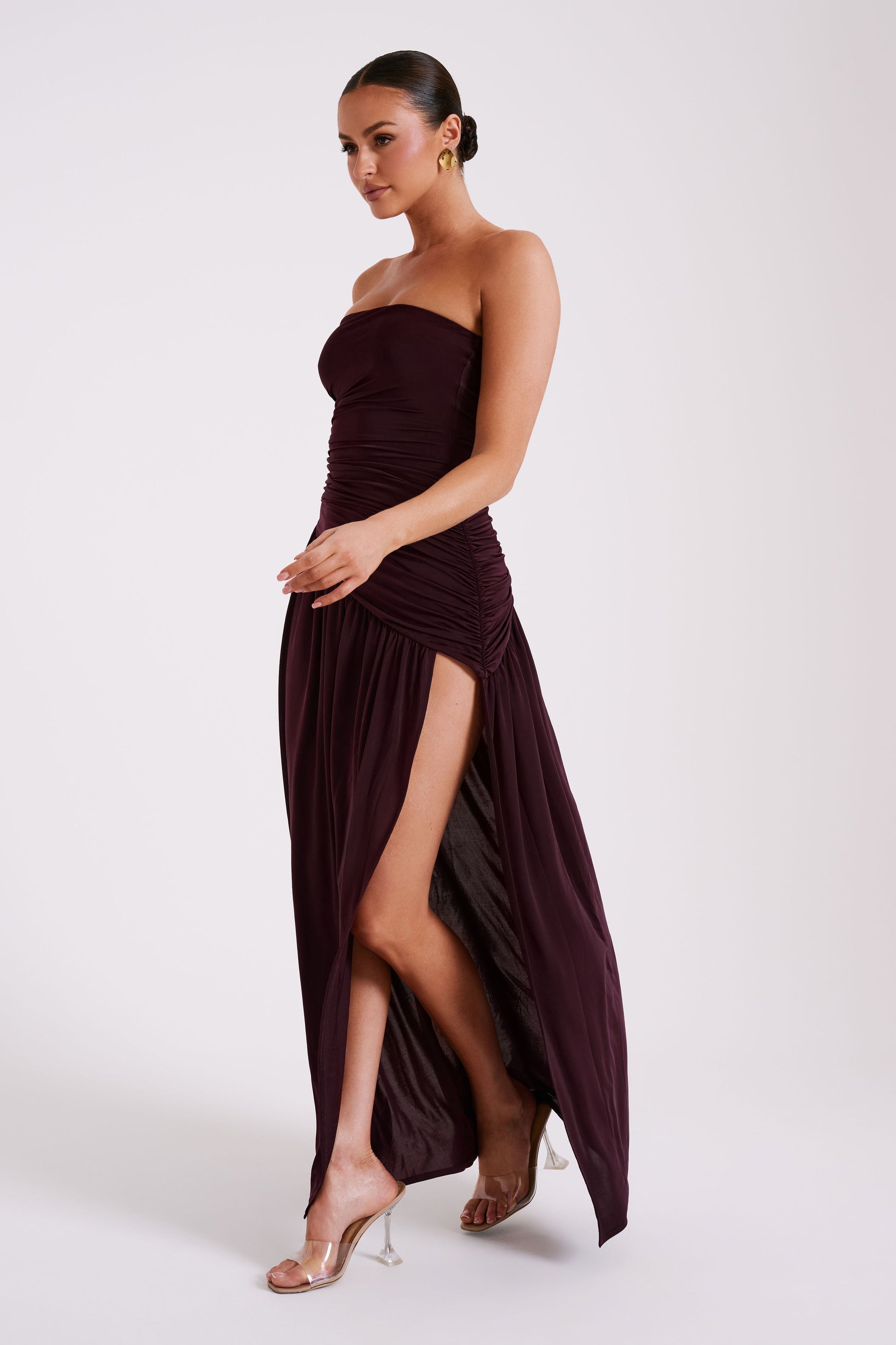 Bex Strapless Slinky Maxi Dress With Split - Burgundy #4