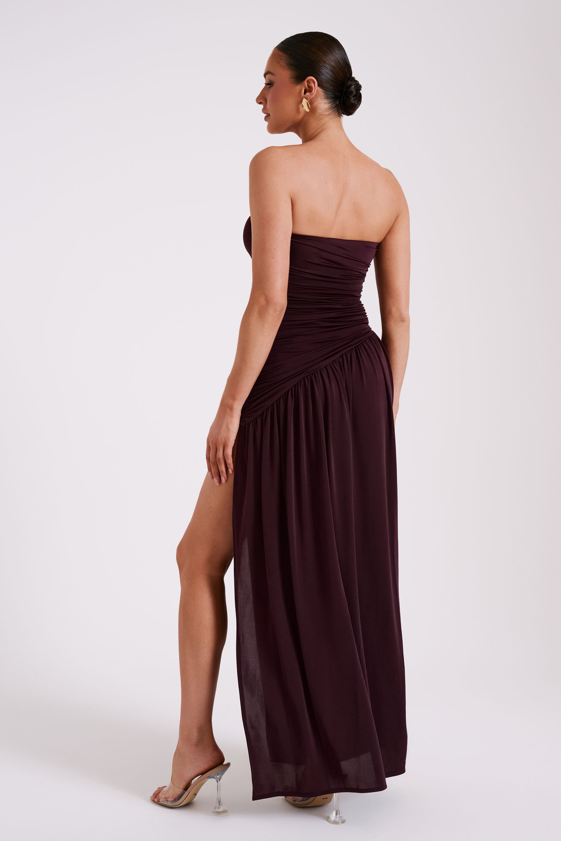 Bex Strapless Slinky Maxi Dress With Split - Burgundy #6