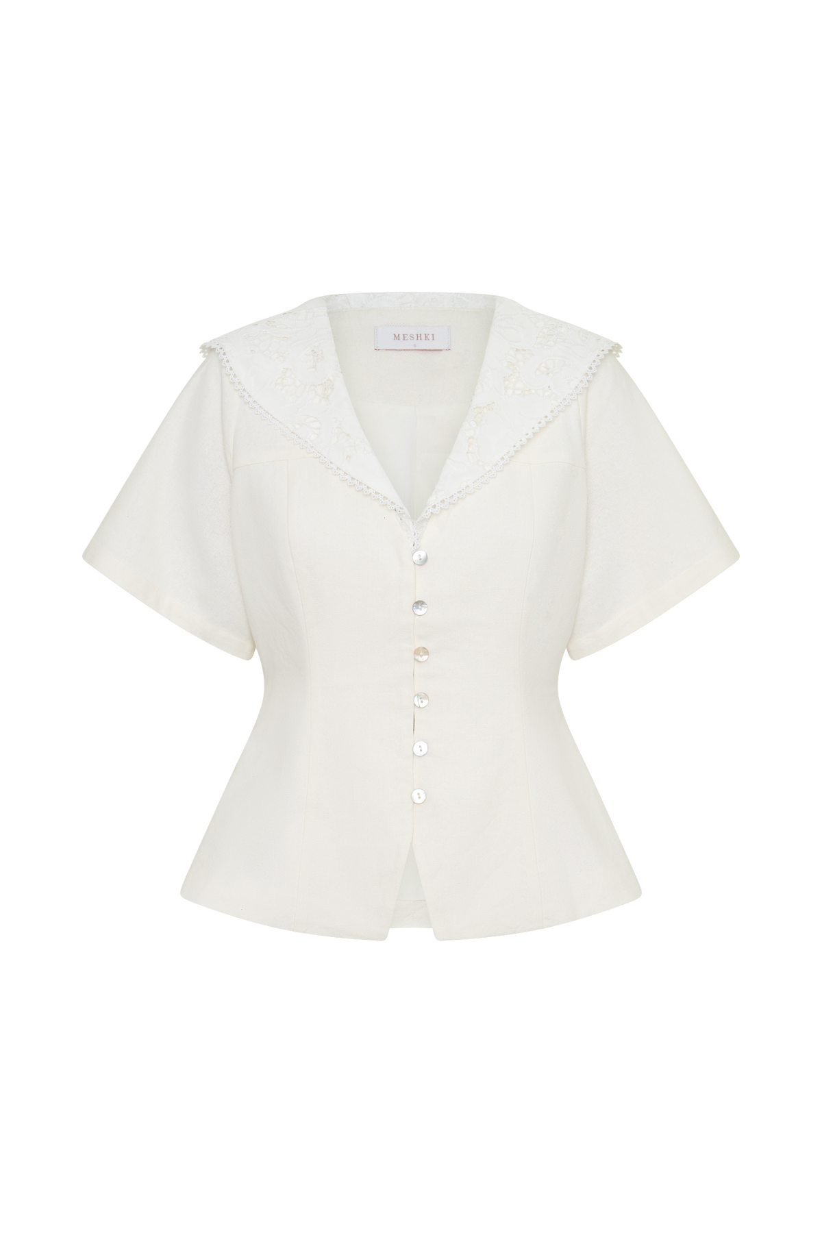 Melody Short Sleeve Shirt With Lace Collar - White
