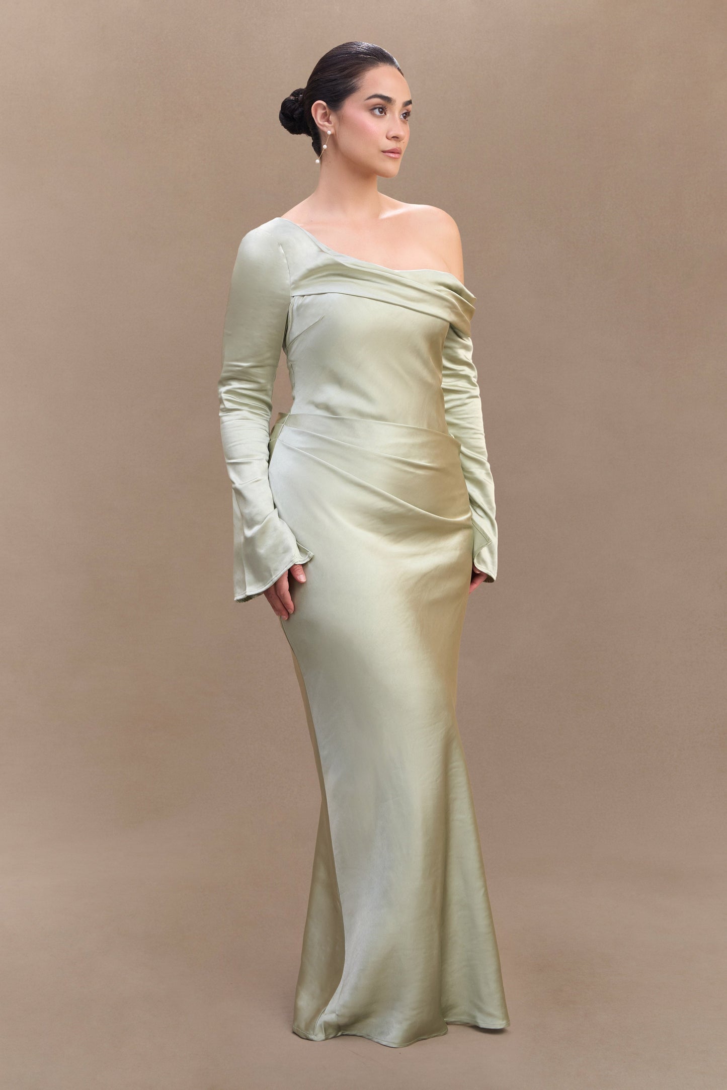 Iris Long Sleeve Satin Maxi Dress - Sage