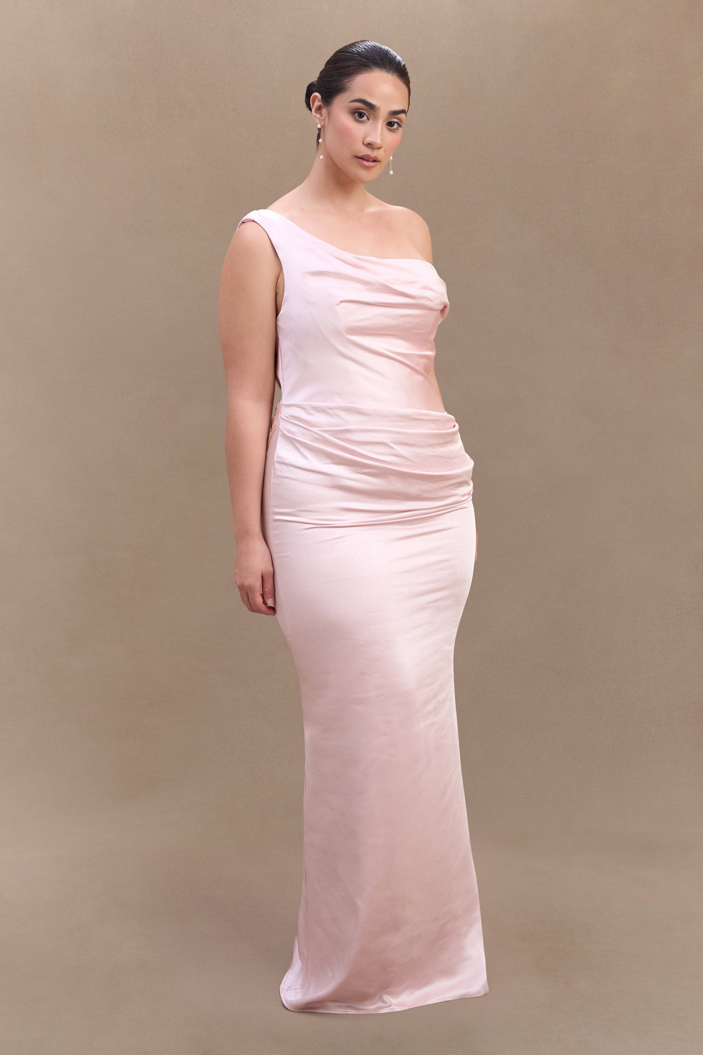 Dalia Off Shoulder Satin Maxi Dress - Soft Pink
