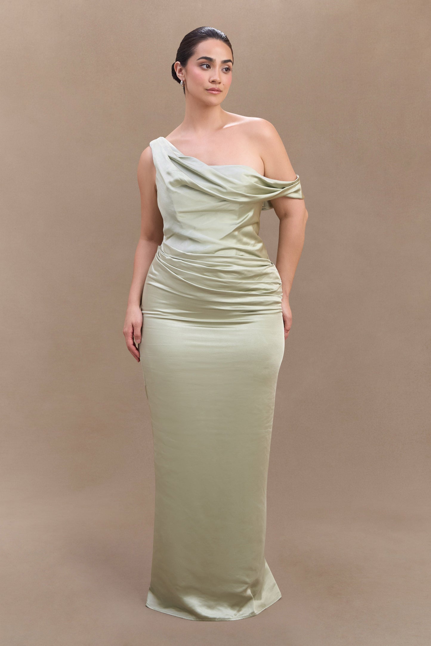 Dalia Off Shoulder Satin Maxi Dress - Sage