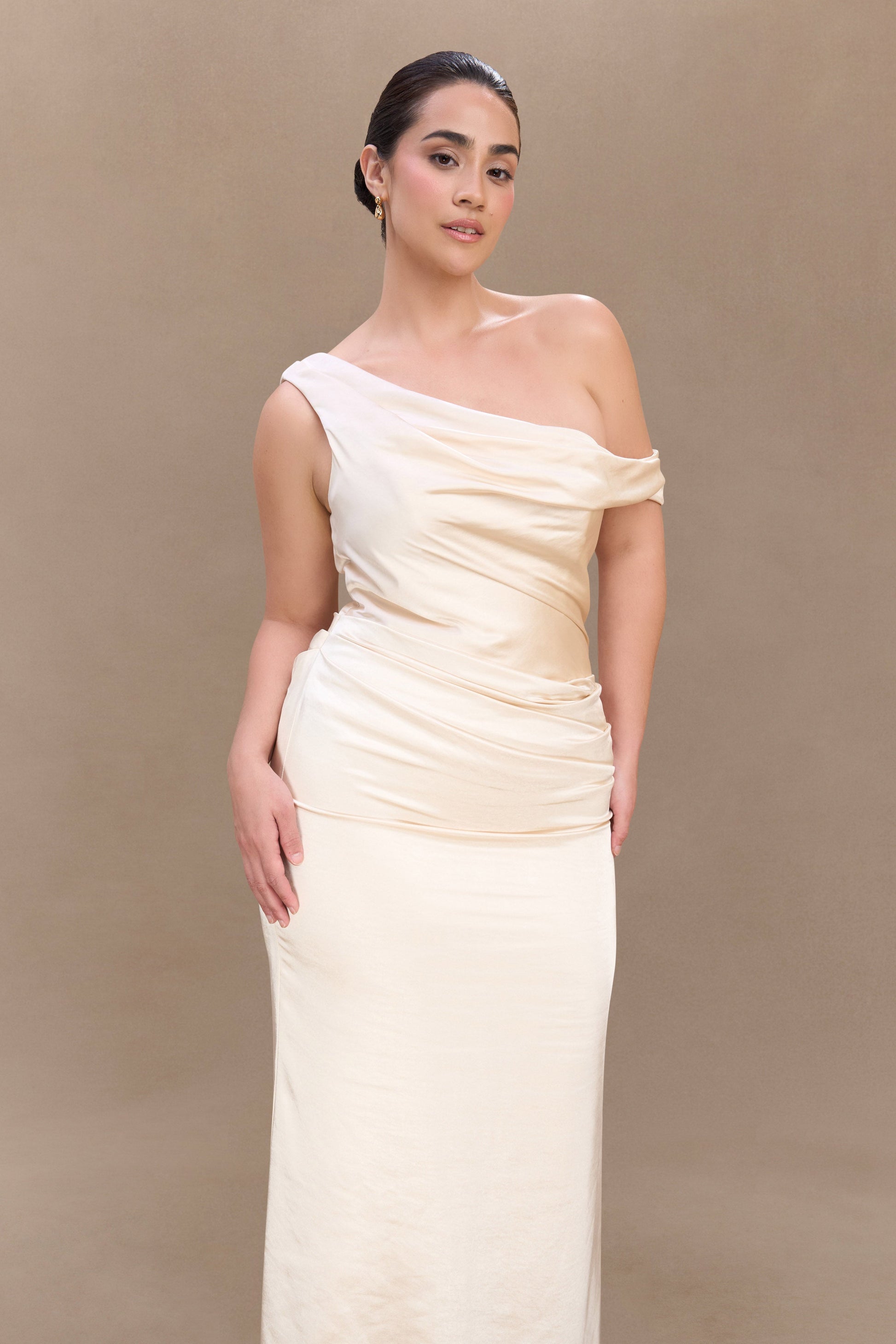 Dalia Off Shoulder Satin Maxi Dress - Blush Gold #7