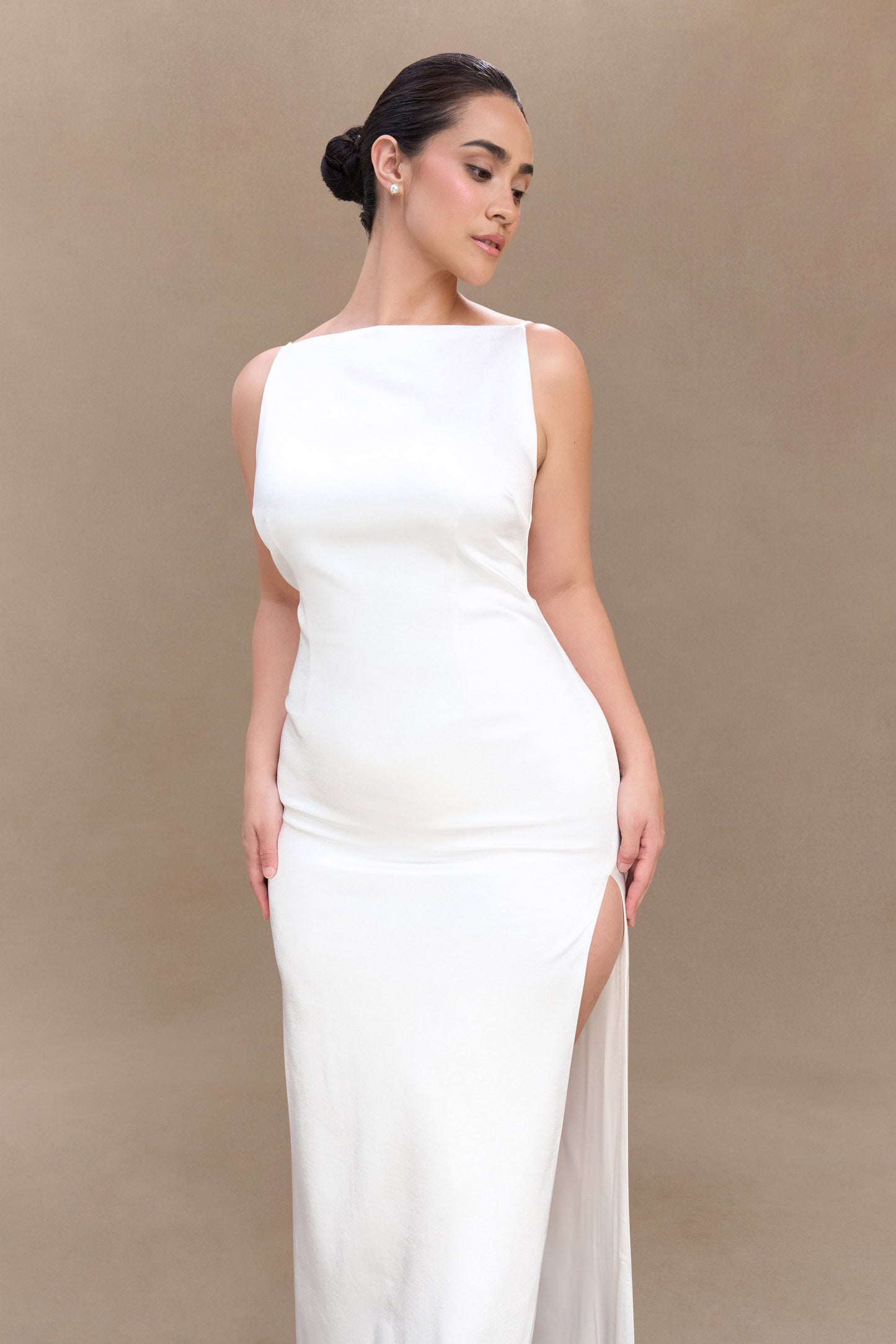 Violet Sleeveless Satin Maxi Dress - White