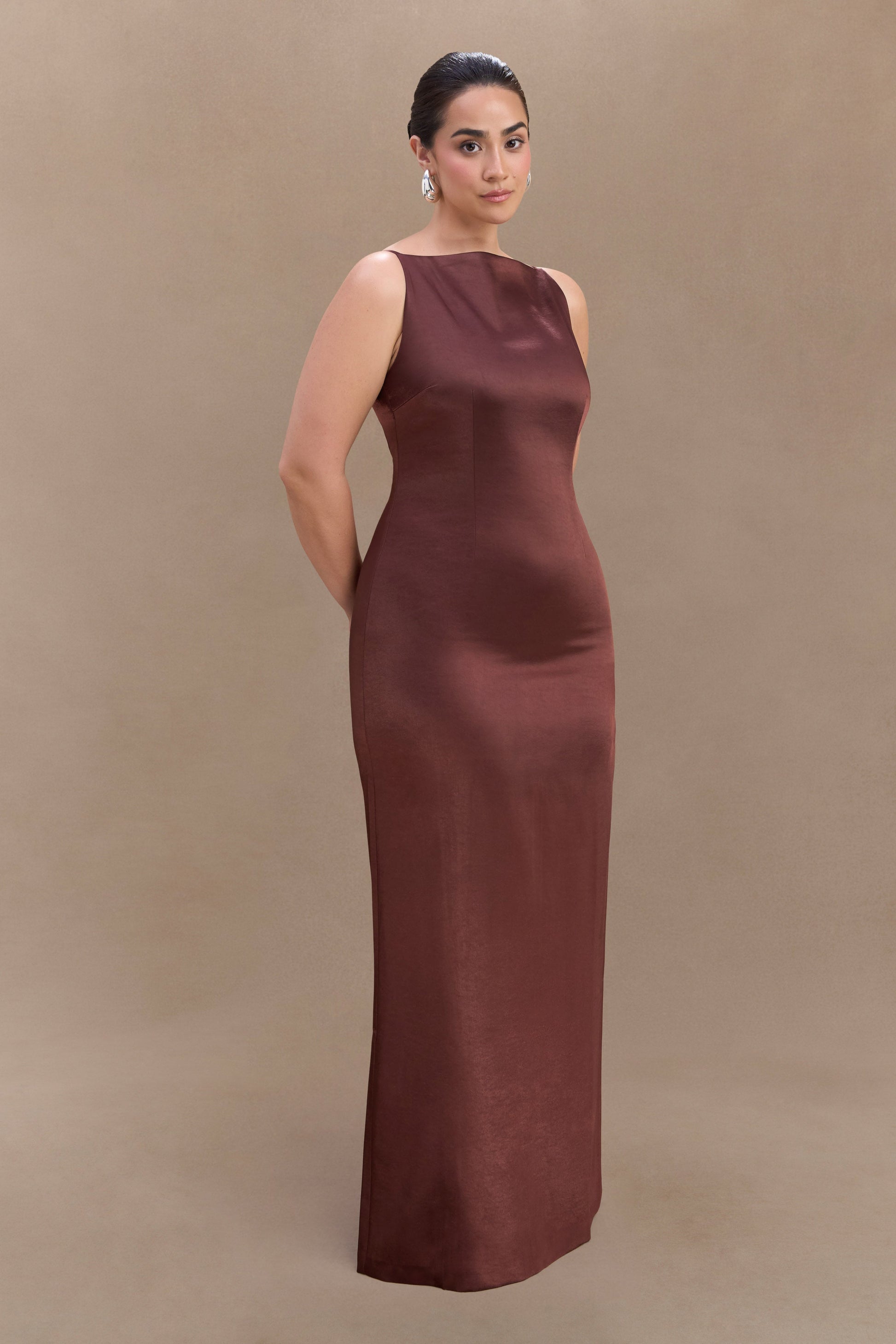 Violet Sleeveless Satin Maxi Dress - Dark Chocolate #7