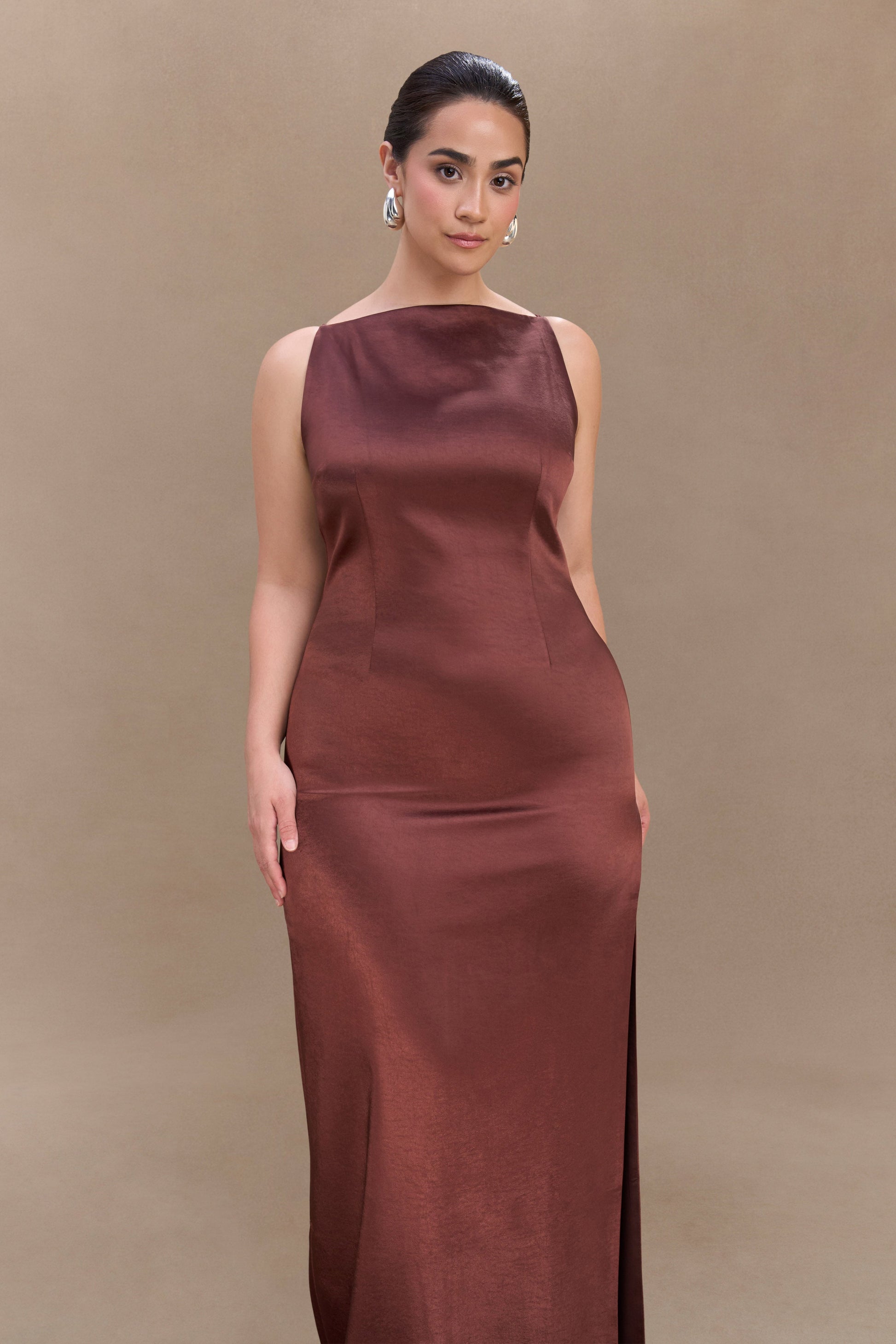 Violet Sleeveless Satin Maxi Dress - Dark Chocolate #6