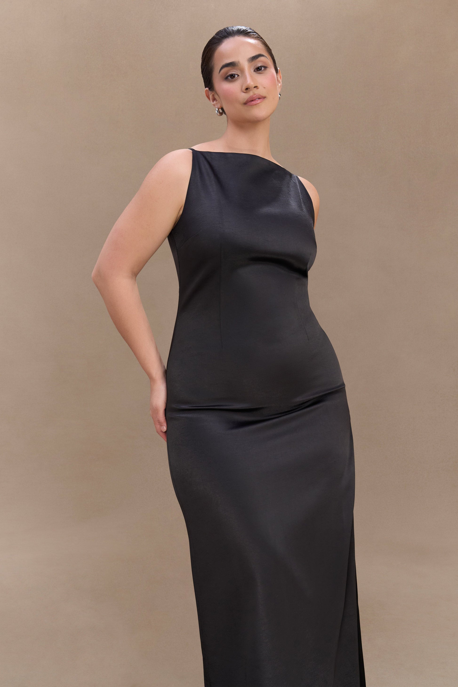 Violet Sleeveless Satin Maxi Dress - Black #7