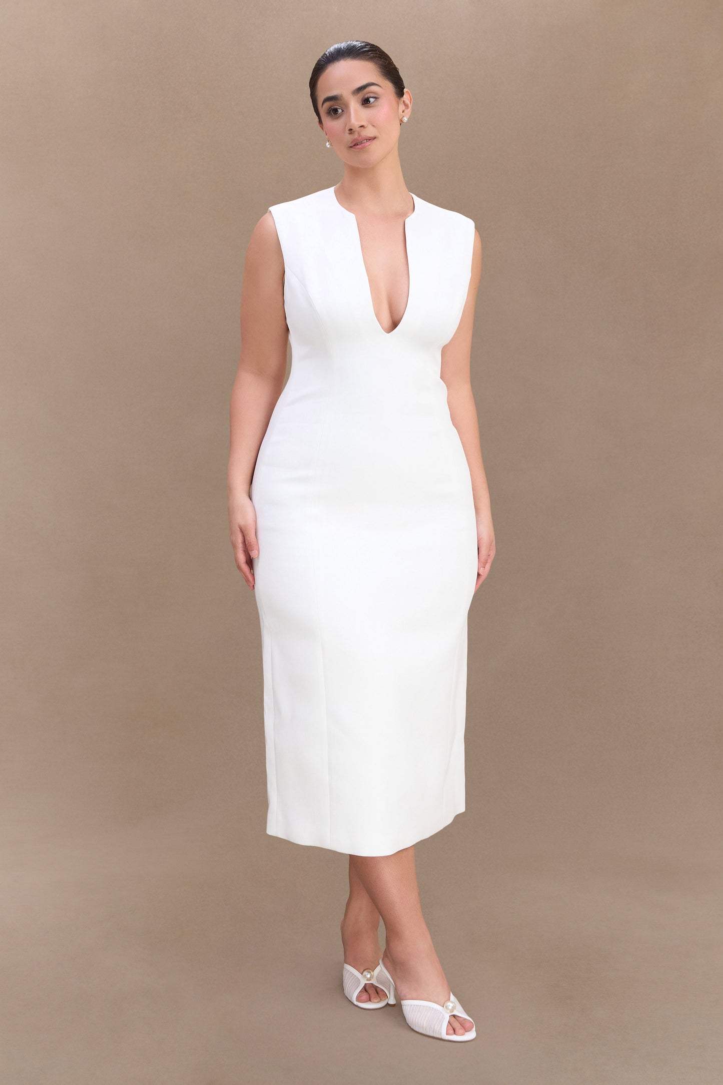 Audrine Suiting Sleeveless Midi Dress - Ivory
