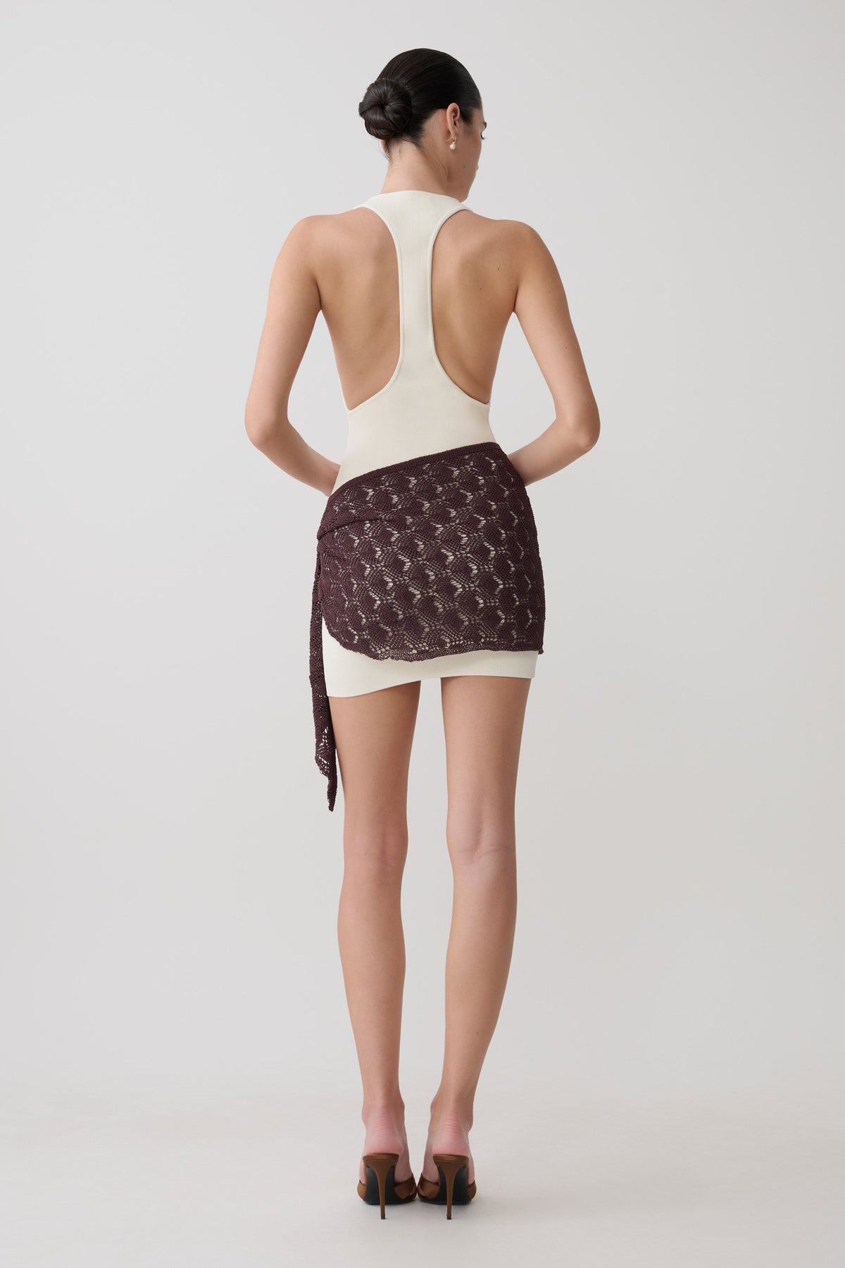 Mollie Mini Dress With Crochet Overlay - White/Chocolate