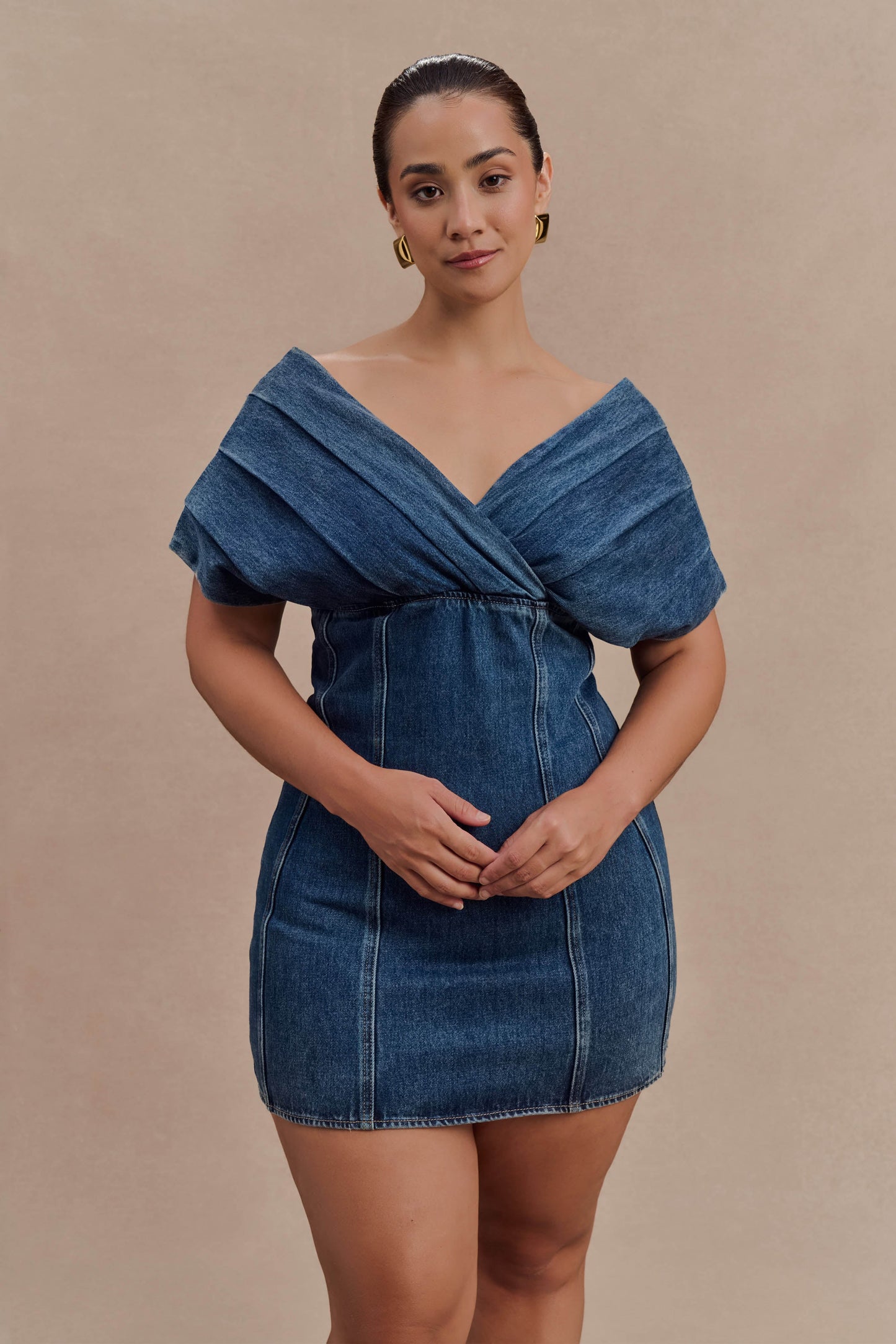 Pascale Off Shoulder Denim Mini Dress - Washed Dark Blue