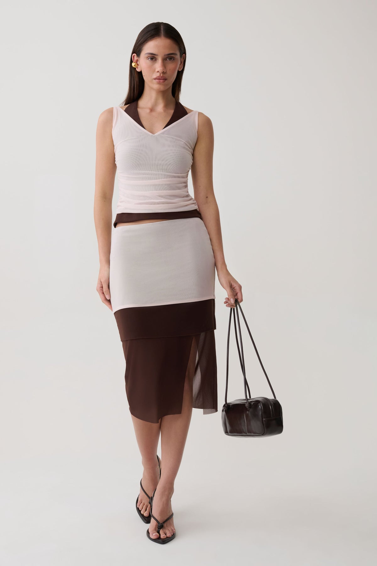 Arielle Mesh Layered Midi Skirt - Blush Pink/Chocolate