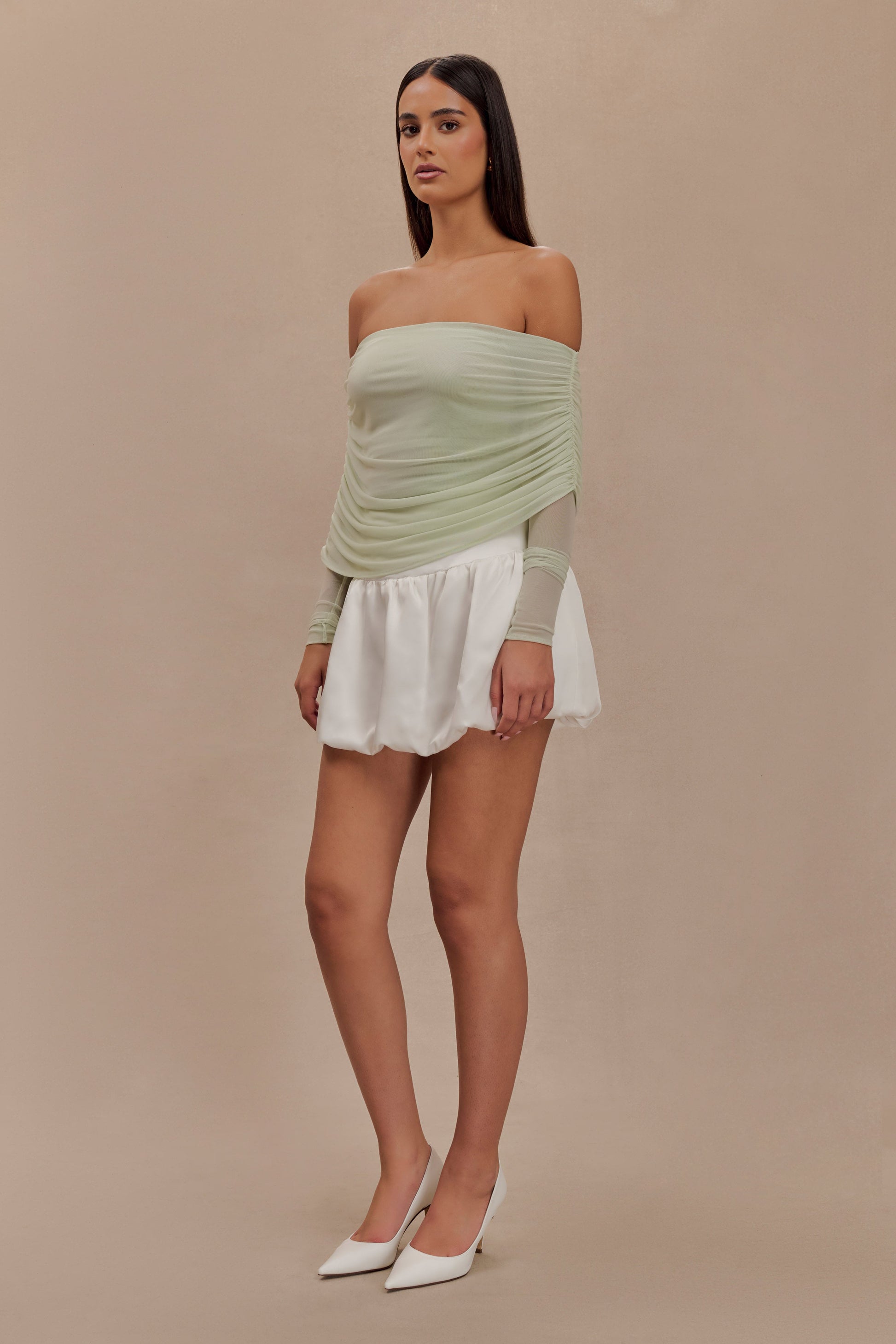Everly Sheer Mesh Off Shoulder Top - Pastel Green #5