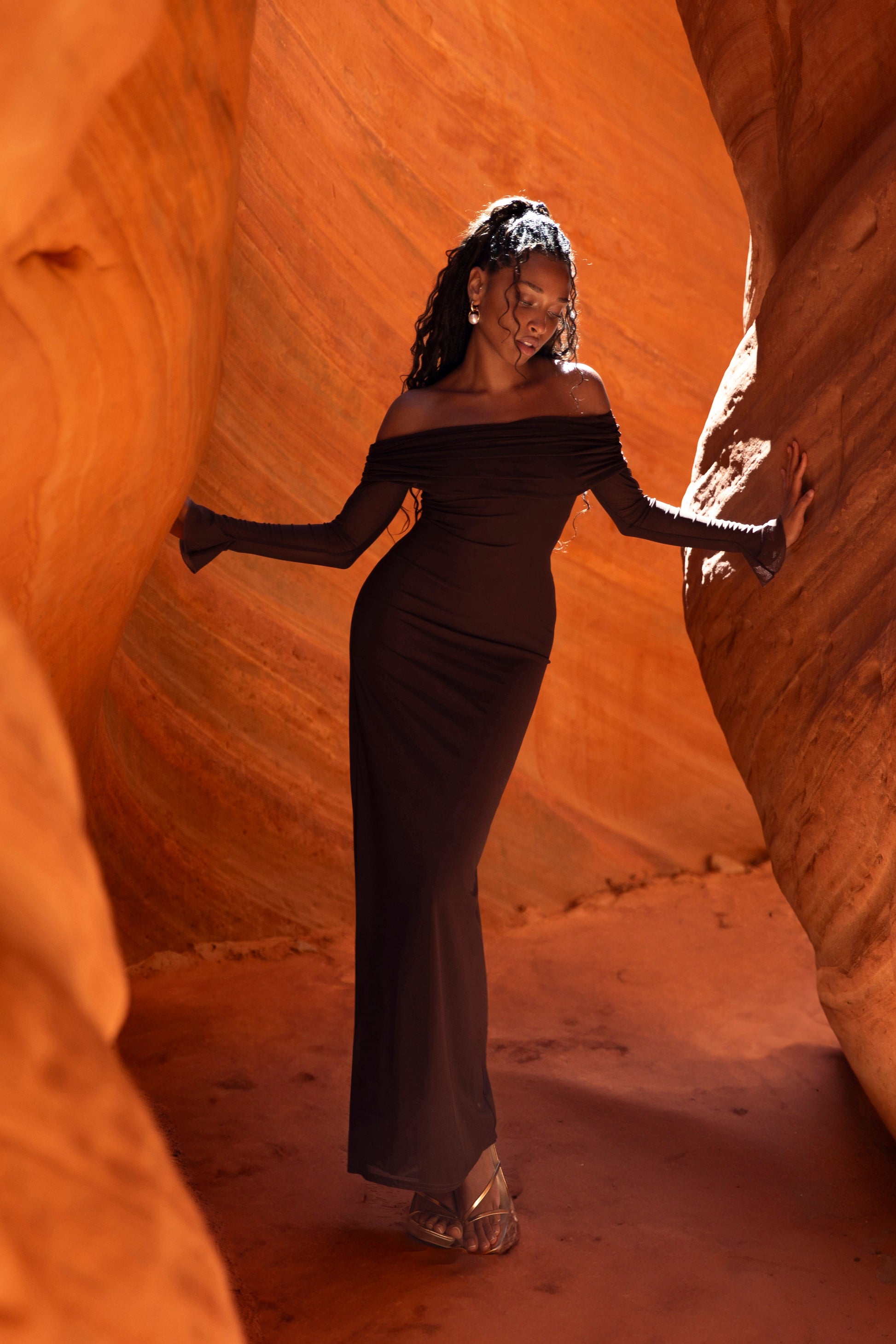 Josie Off Shoulder Mesh Maxi Dress - Dark Brown #9