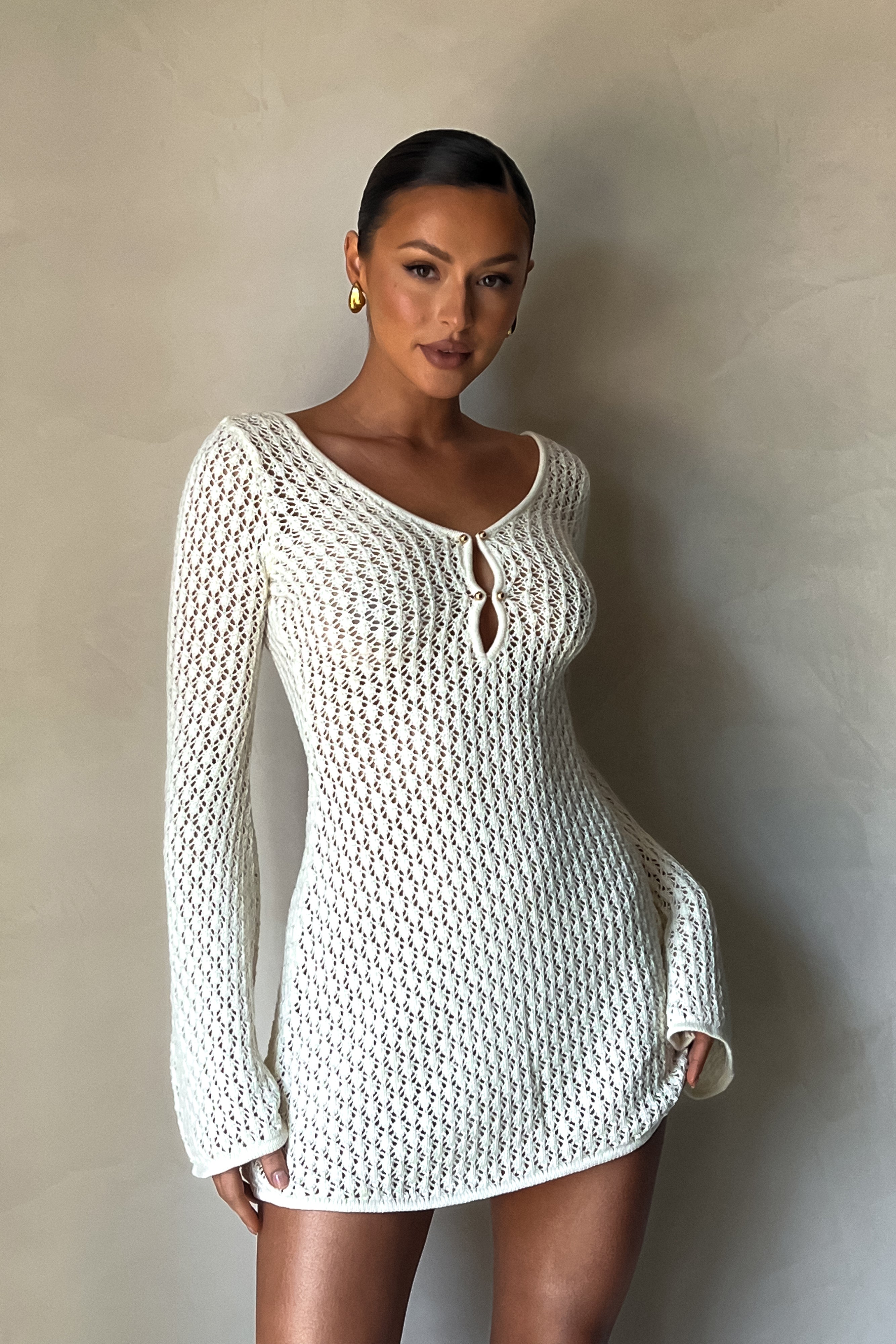 Kayleigh Crochet Knit Mini Dress - White | MESHKI UK
