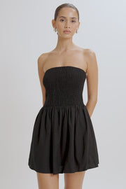 Holland Linen Shirring Mini Dress - Black