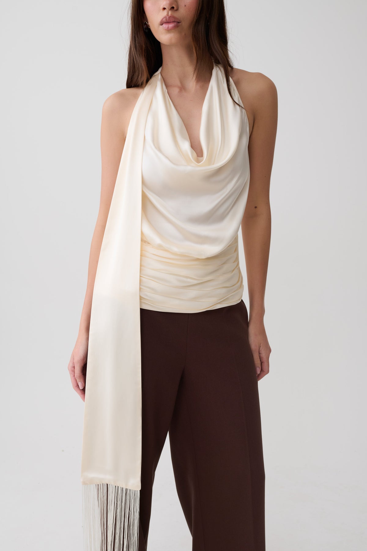Keena Satin Top With Fringe Scarf - Ivory