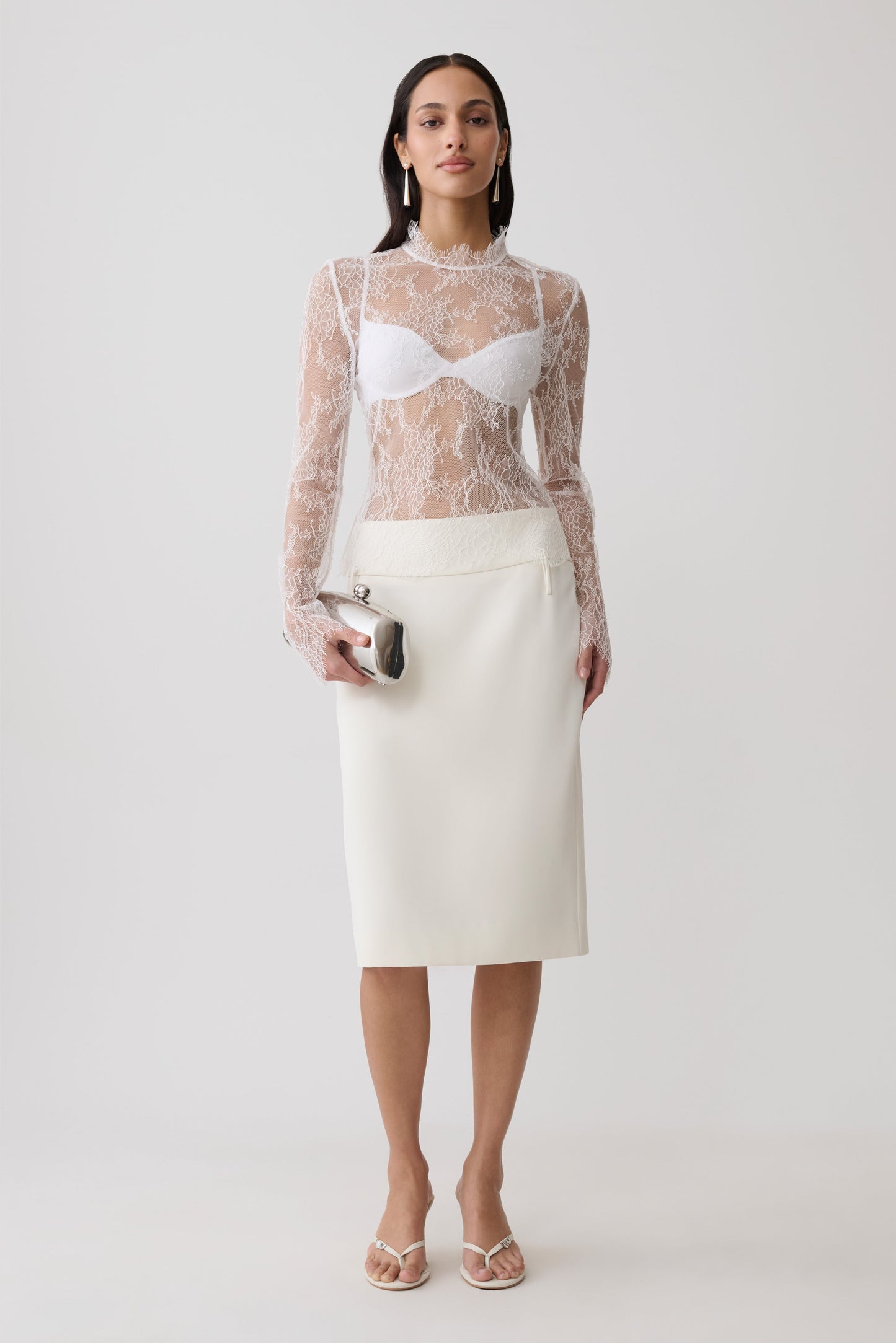 Alizette High Neck Long Sleeve Lace Top - Ivory