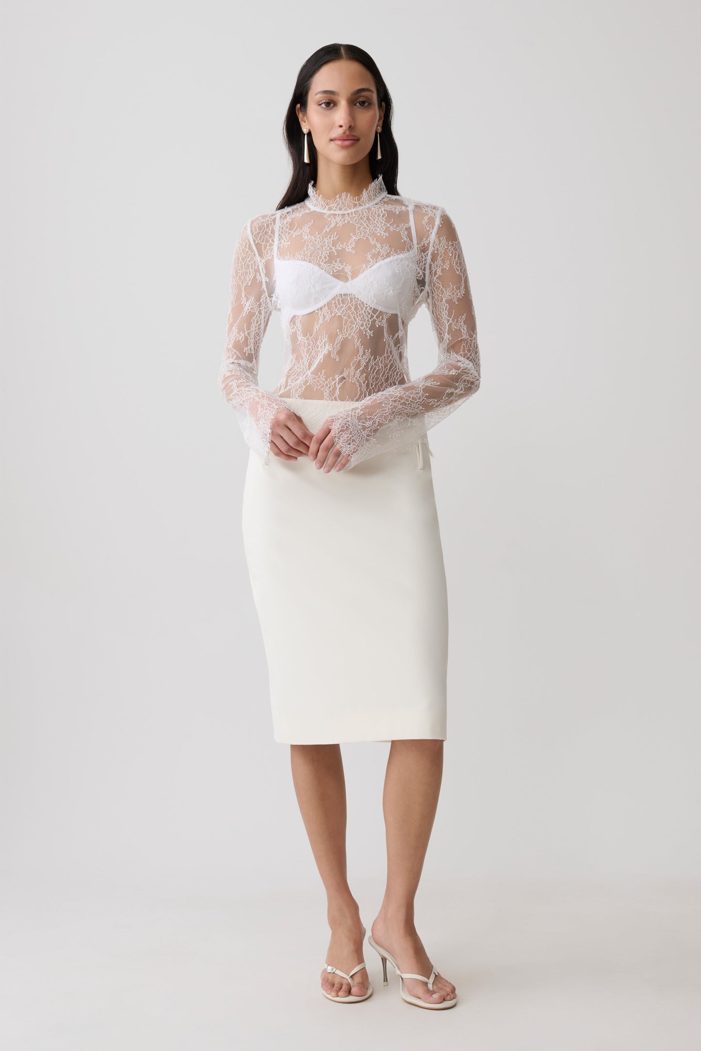 Alizette High Neck Long Sleeve Lace Top - Ivory