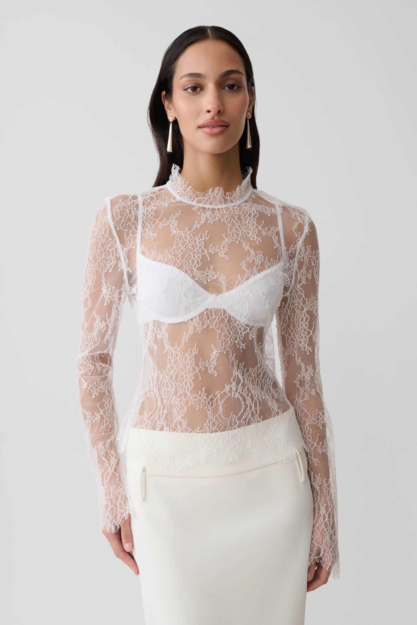 Alizette High Neck Long Sleeve Lace Top - Ivory