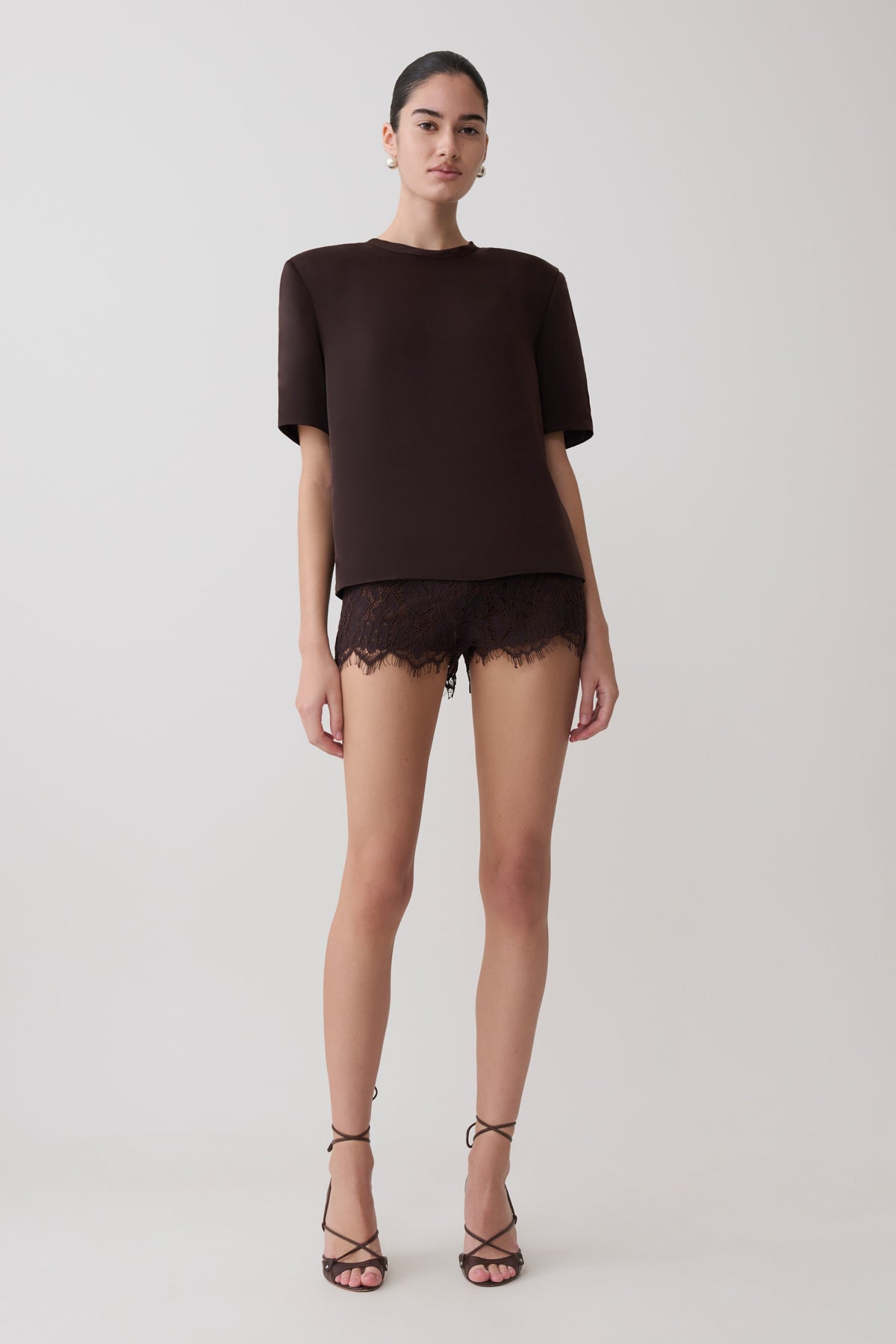 Harlyn Shoulder Pad Short Sleeve Satin Top - Dark Chocolate #6