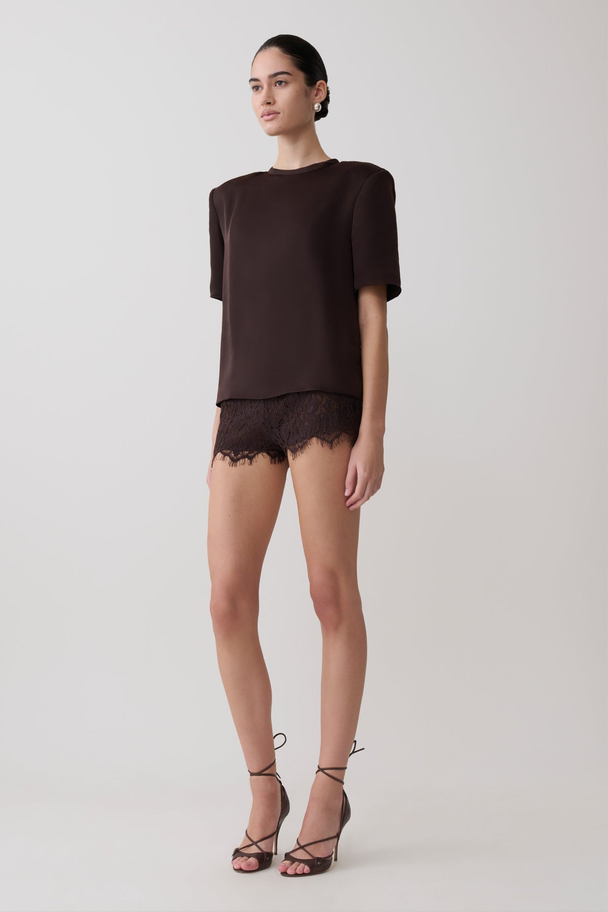 Harlyn Shoulder Pad Short Sleeve Satin Top - Dark Chocolate #5
