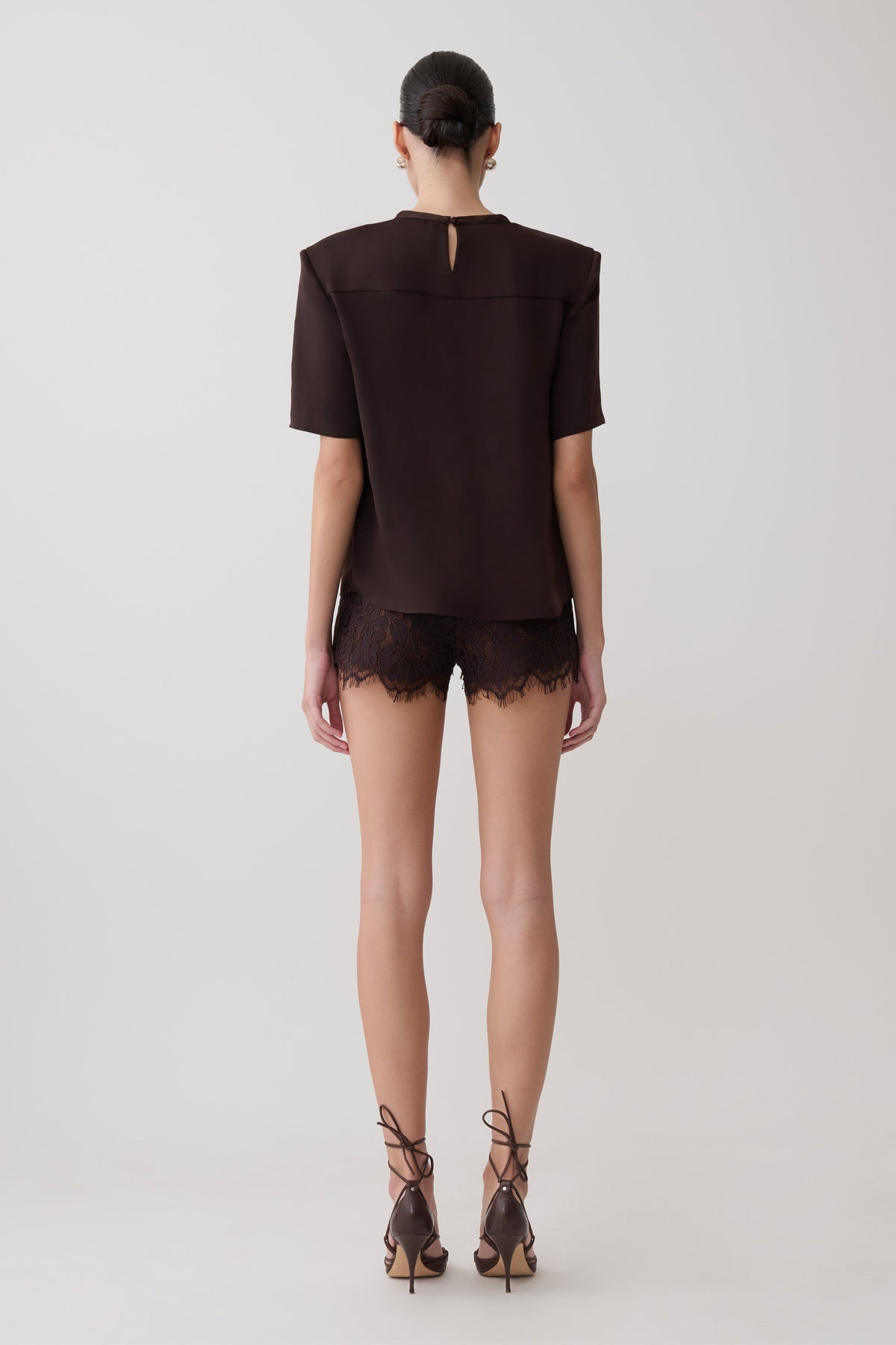 Harlyn Shoulder Pad Short Sleeve Satin Top - Dark Chocolate #7