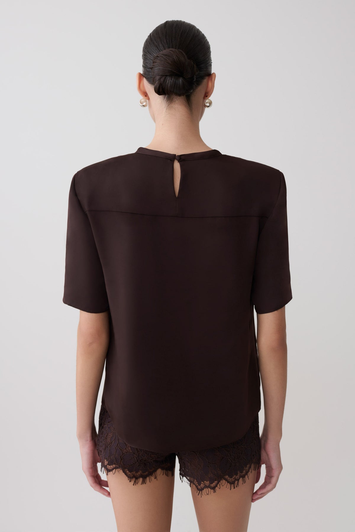 Harlyn Shoulder Pad Short Sleeve Satin Top - Dark Chocolate #3
