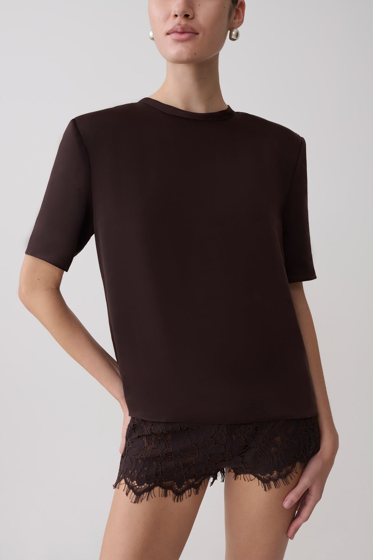 Harlyn Shoulder Pad Short Sleeve Satin Top - Dark Chocolate #4