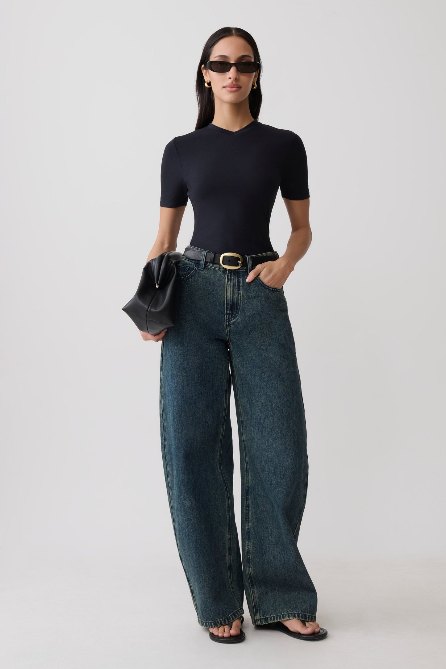 Janelle High V Neck Short Sleeve Top - Black