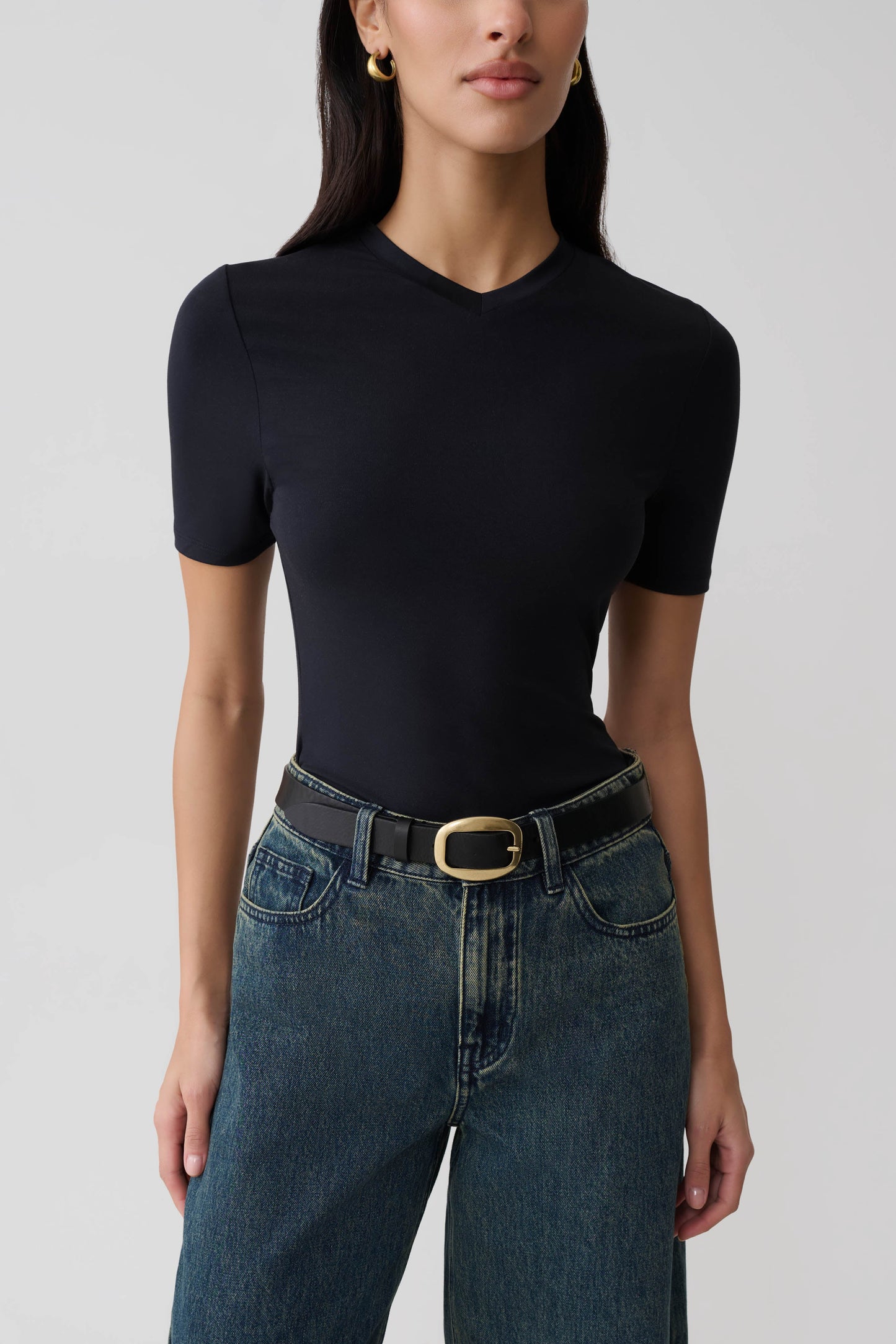 Janelle High V Neck Short Sleeve Top - Black
