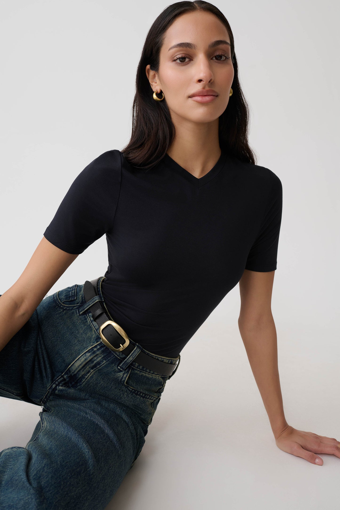 Janelle High V Neck Short Sleeve Top - Black