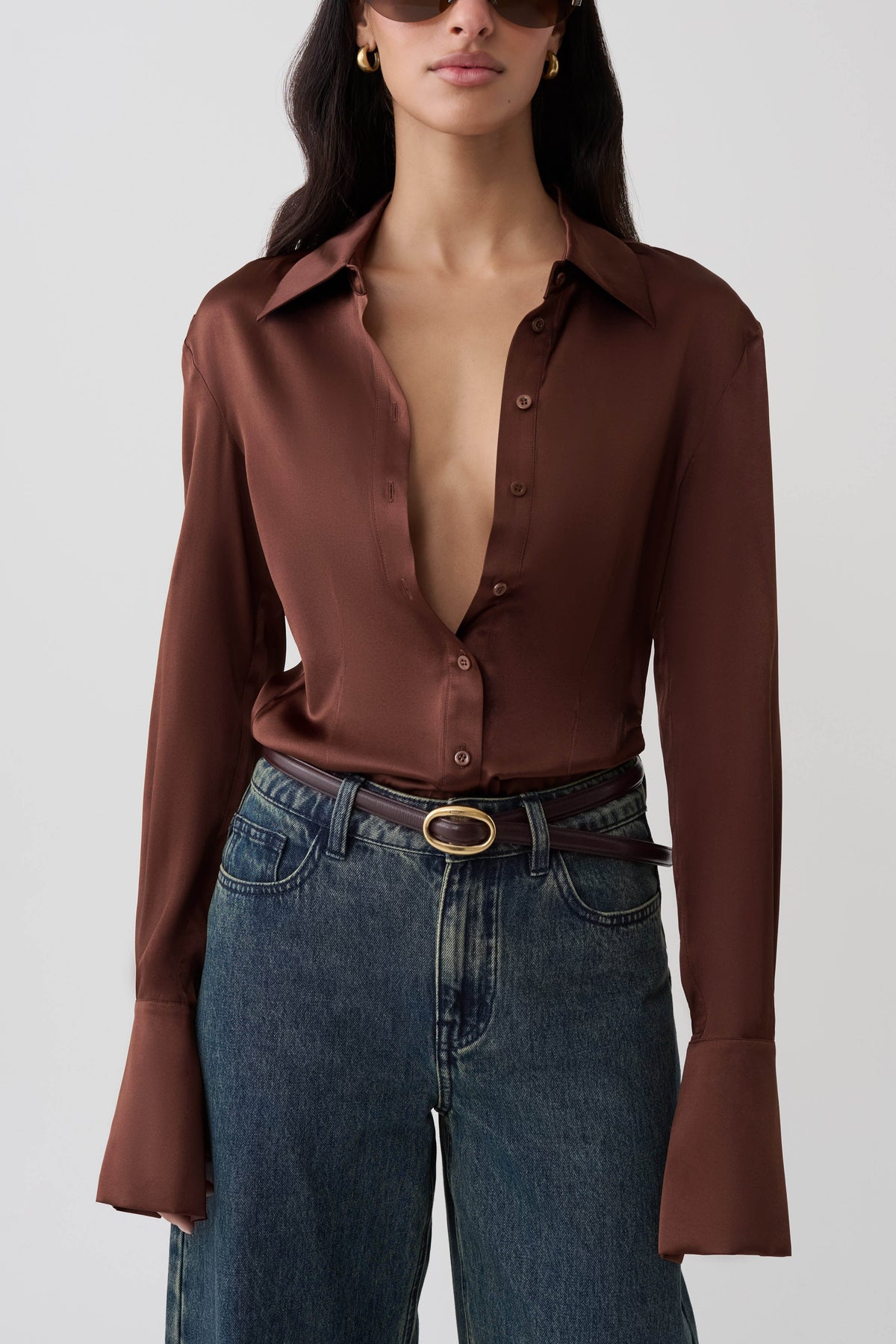 Queenie Silk Long Sleeve Shirt - Dark Chocolate