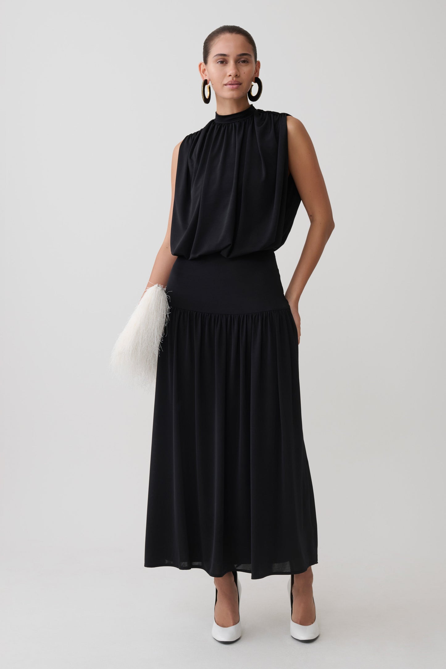 True Drop Waist Gathered Midi Dress - Black