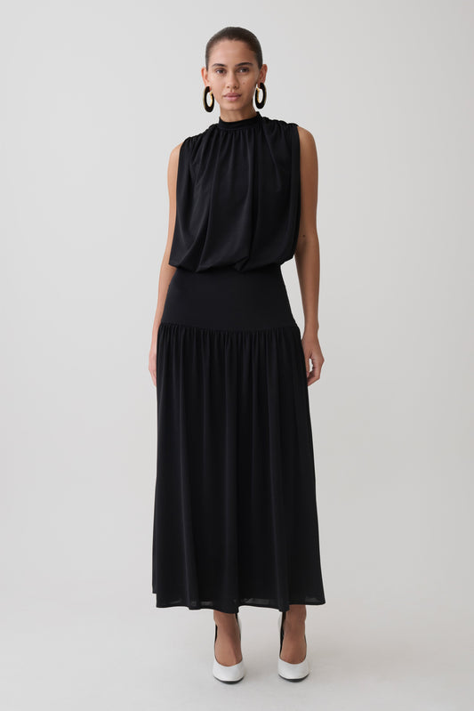 True Drop Waist Gathered Midi Dress - Black