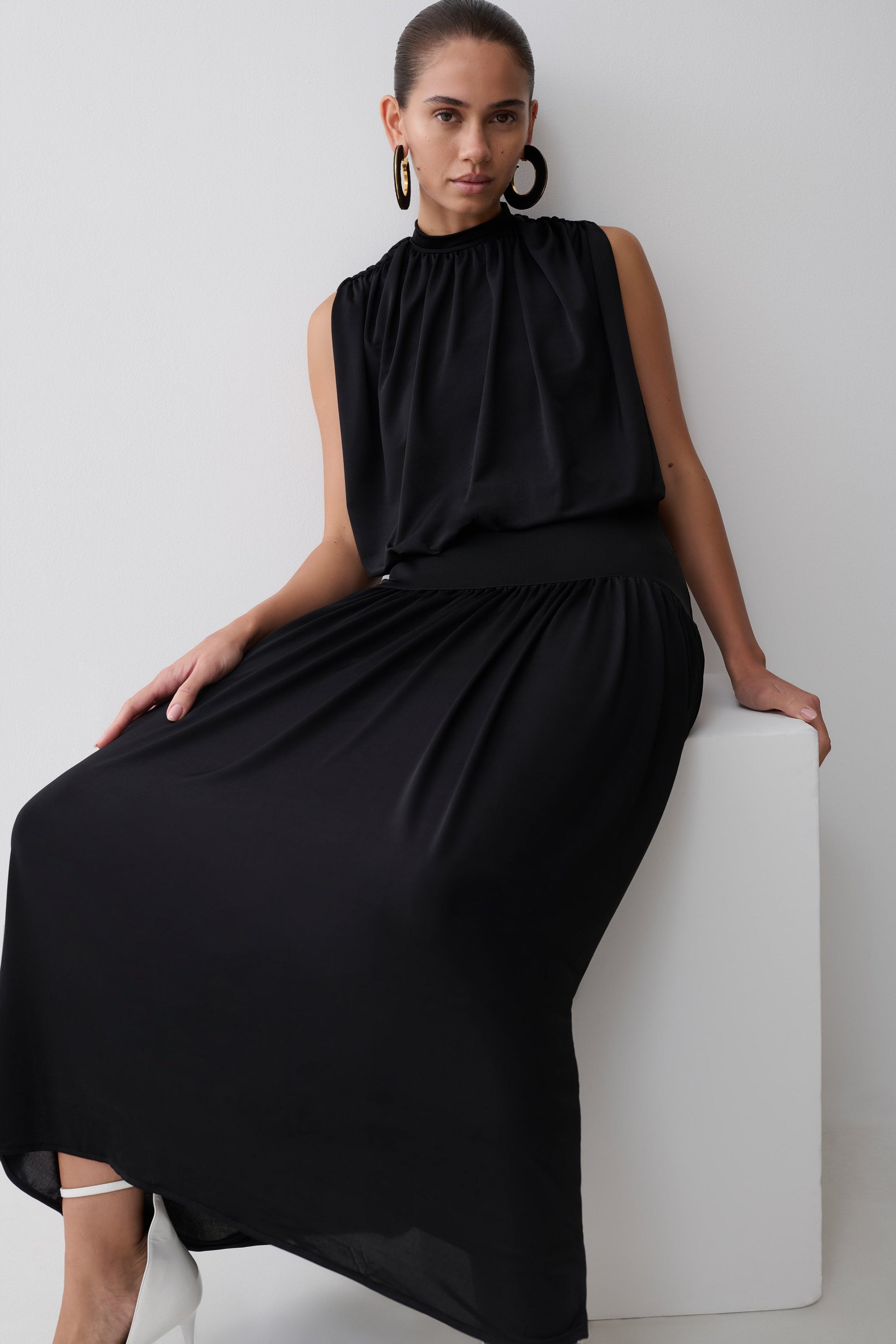 True Drop Waist Gathered Midi Dress - Black #3