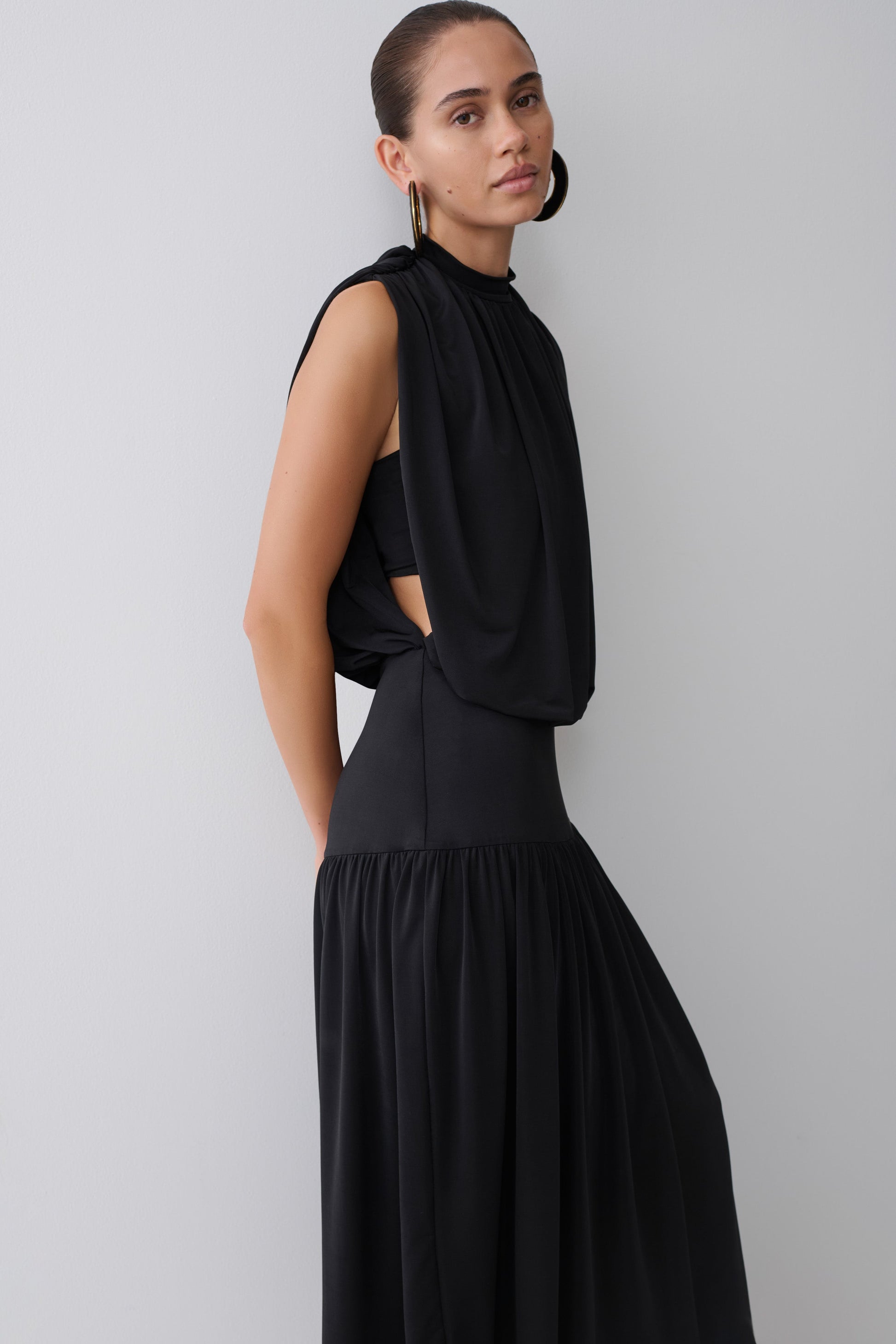 True Drop Waist Gathered Midi Dress - Black #7