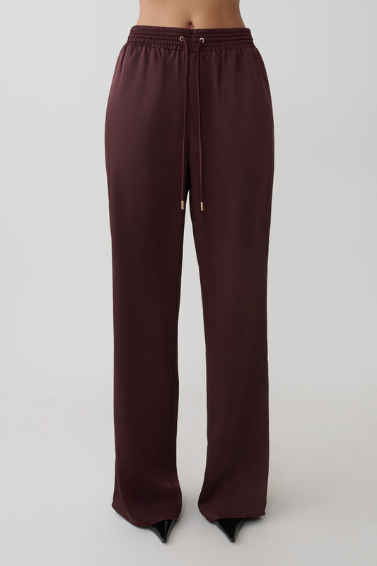 Danica Straight Leg Satin Pants - Mahogany