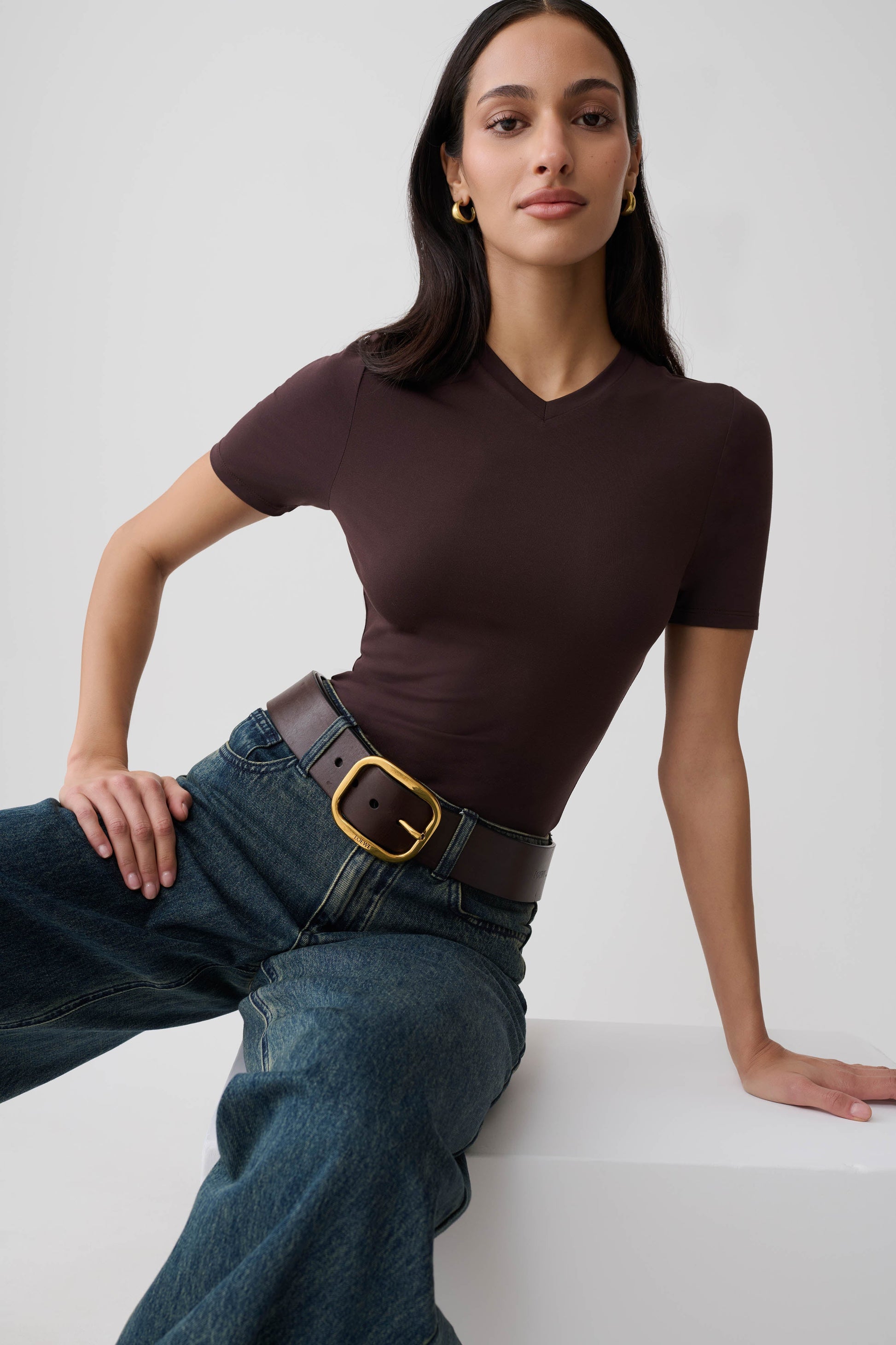 Janelle High V Neck Short Sleeve Top - Chocolate #3