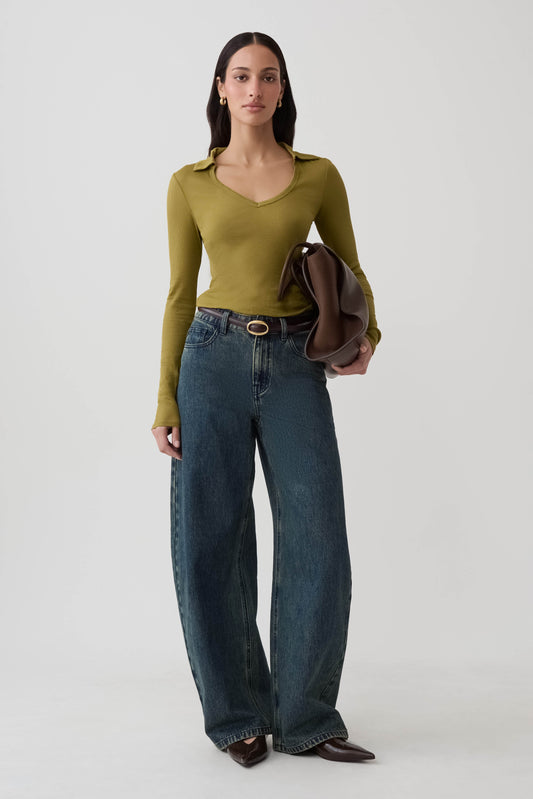 Jessina Collared Long Sleeve Top - Olive