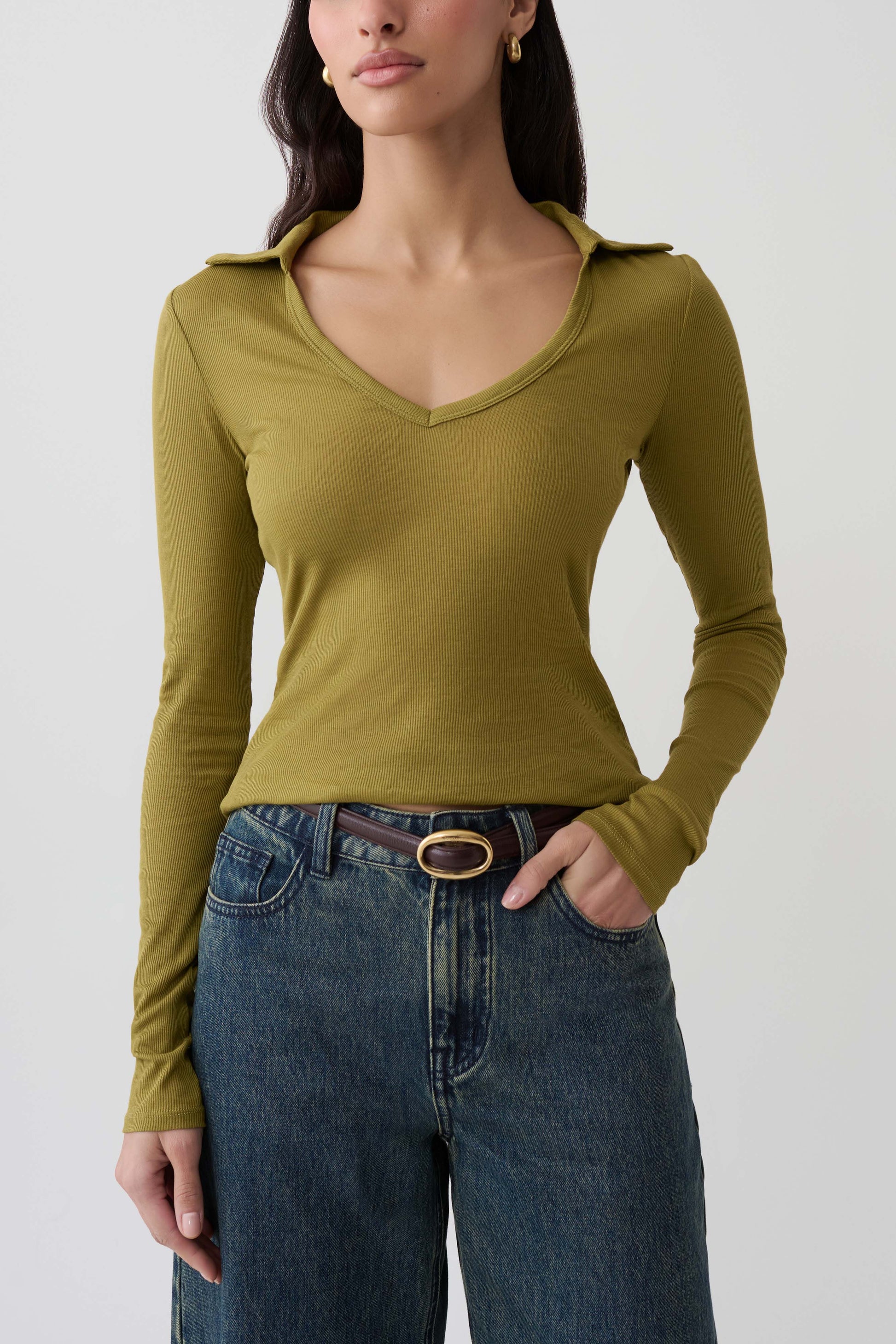 Jessina Collared Long Sleeve Top - Olive #4