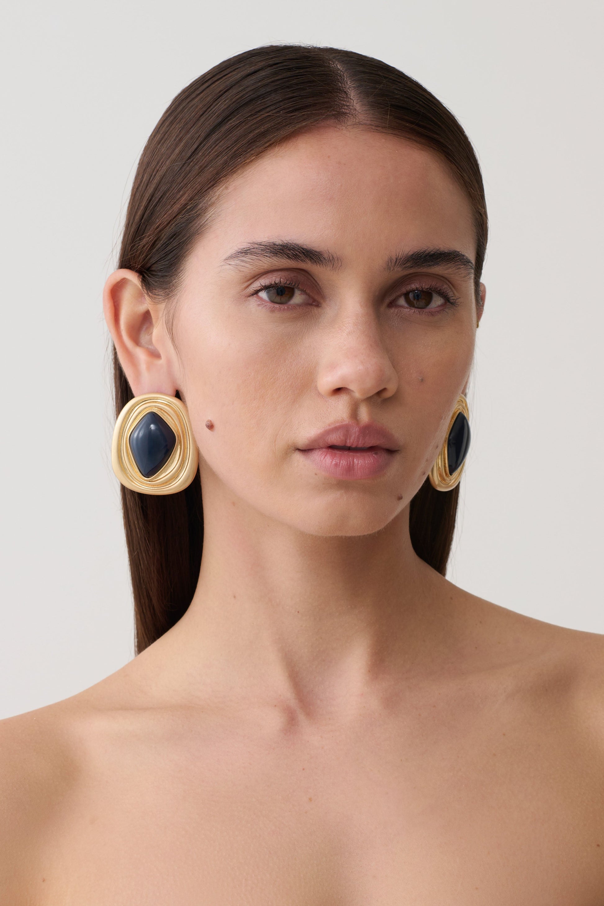 Eurydice Framed Stone Stud Earring - Gold/Navy #2