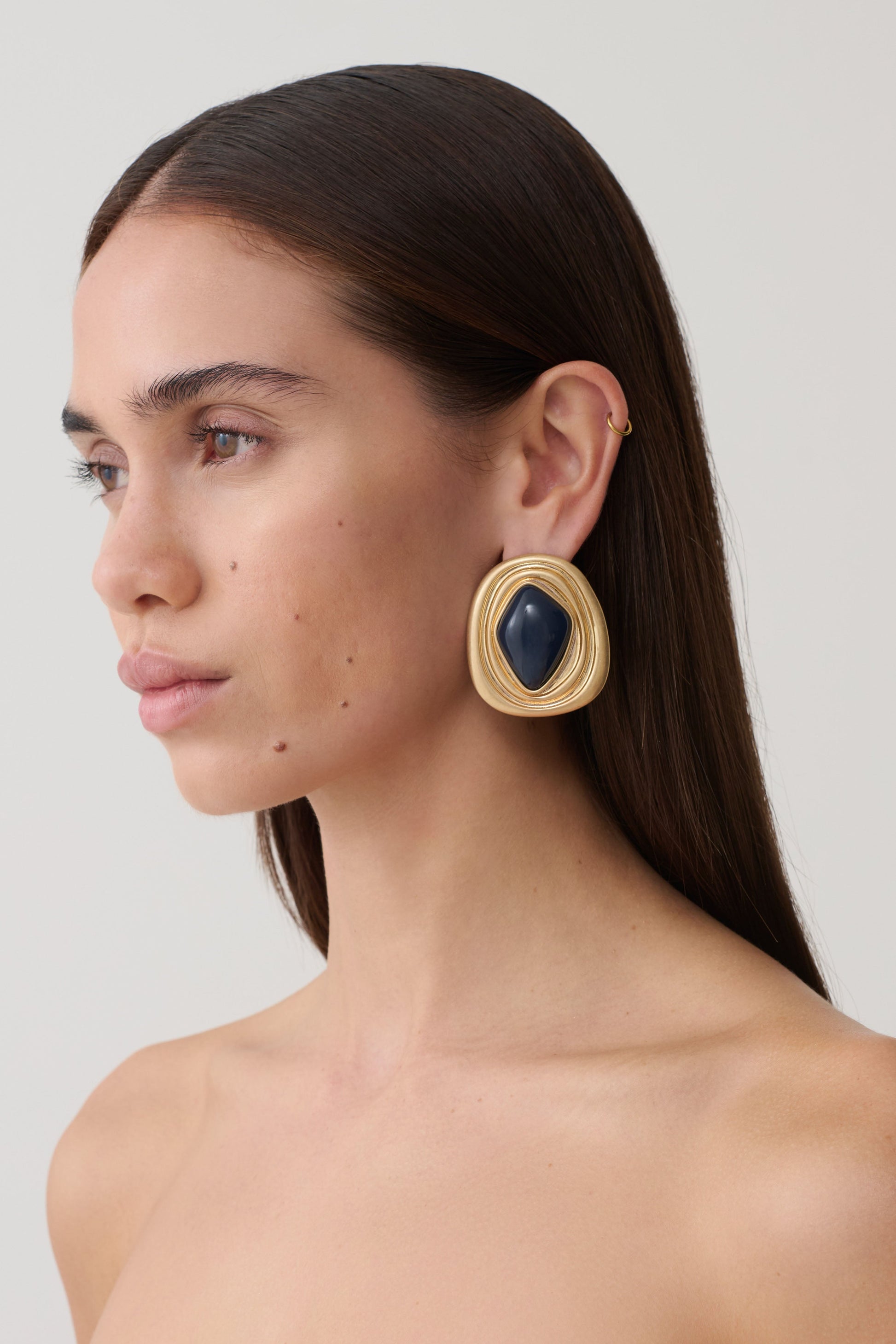 Eurydice Framed Stone Stud Earring - Gold/Navy #4