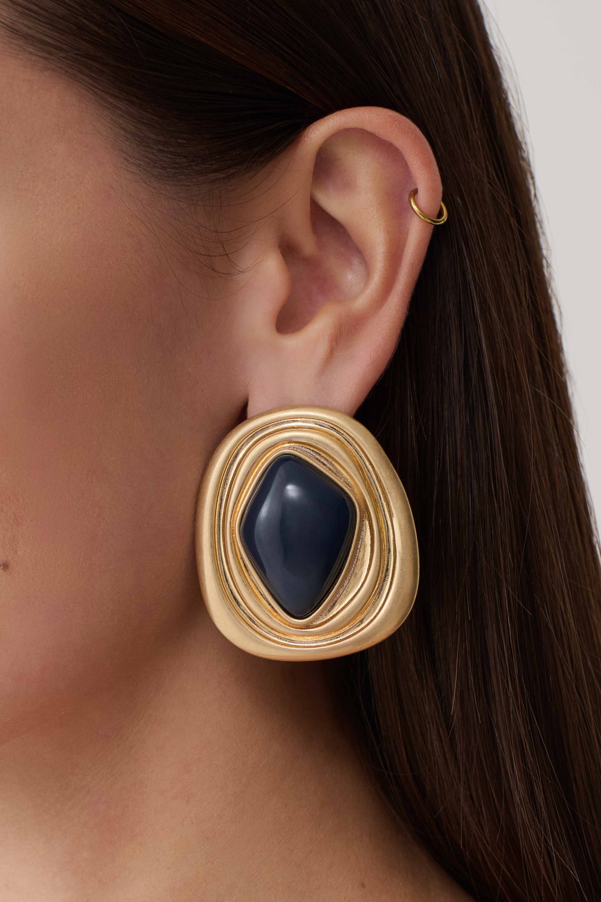 Eurydice Framed Stone Stud Earring - Gold/Navy #5