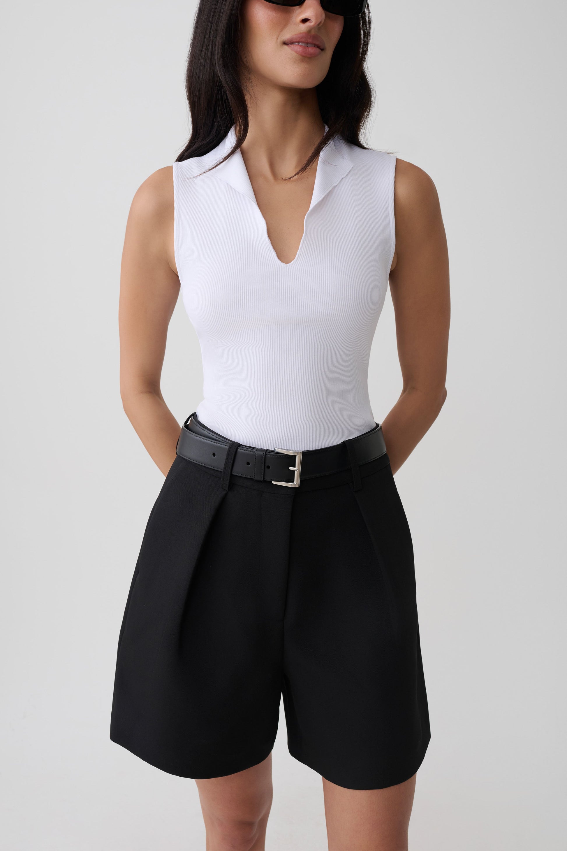 Myrtle Ribbed Sleeveless Lapel Top - White #3